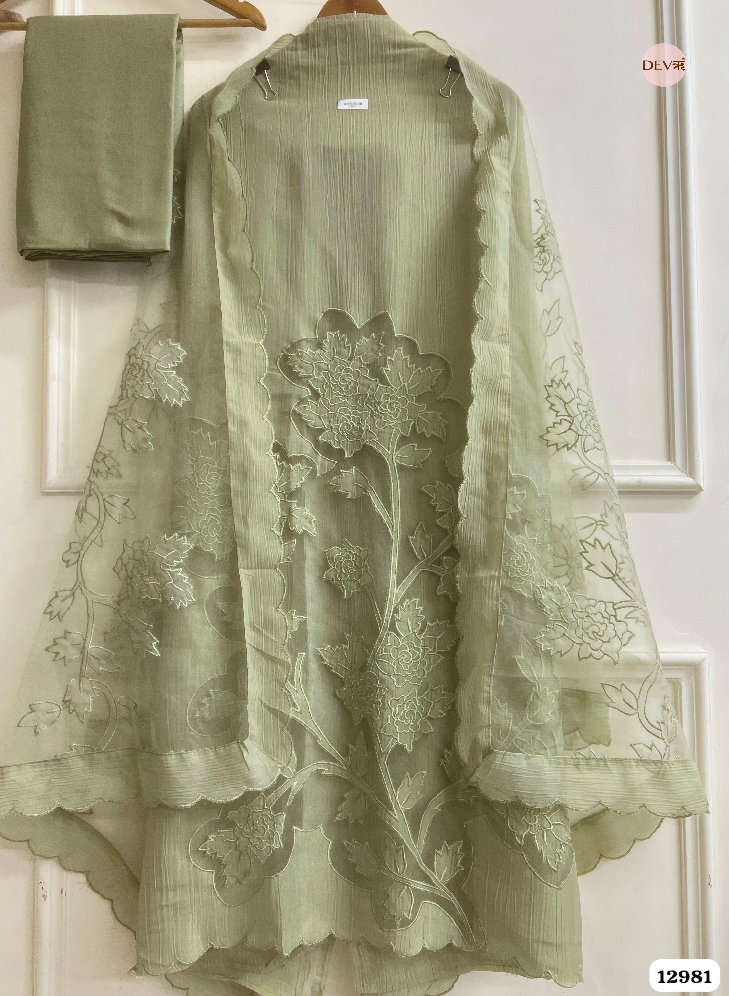 Green Tissue Crush Embroidered Unstitched 3-Piece Suit (Devri – D.No 12981)
