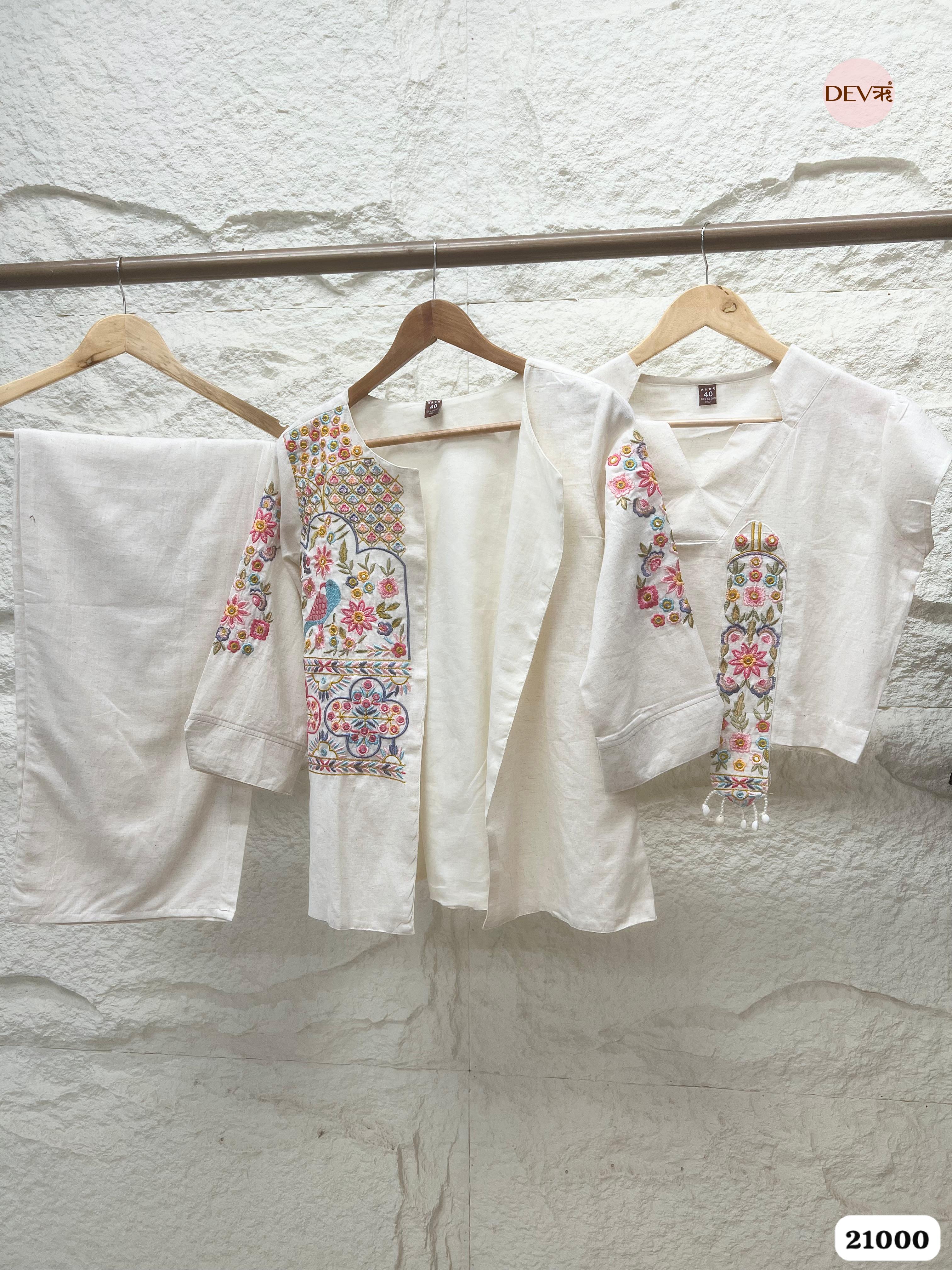 Dharini Cotton Embroidered Ivory 3-Piece Co-ord Set (Devri – D.No 21000)