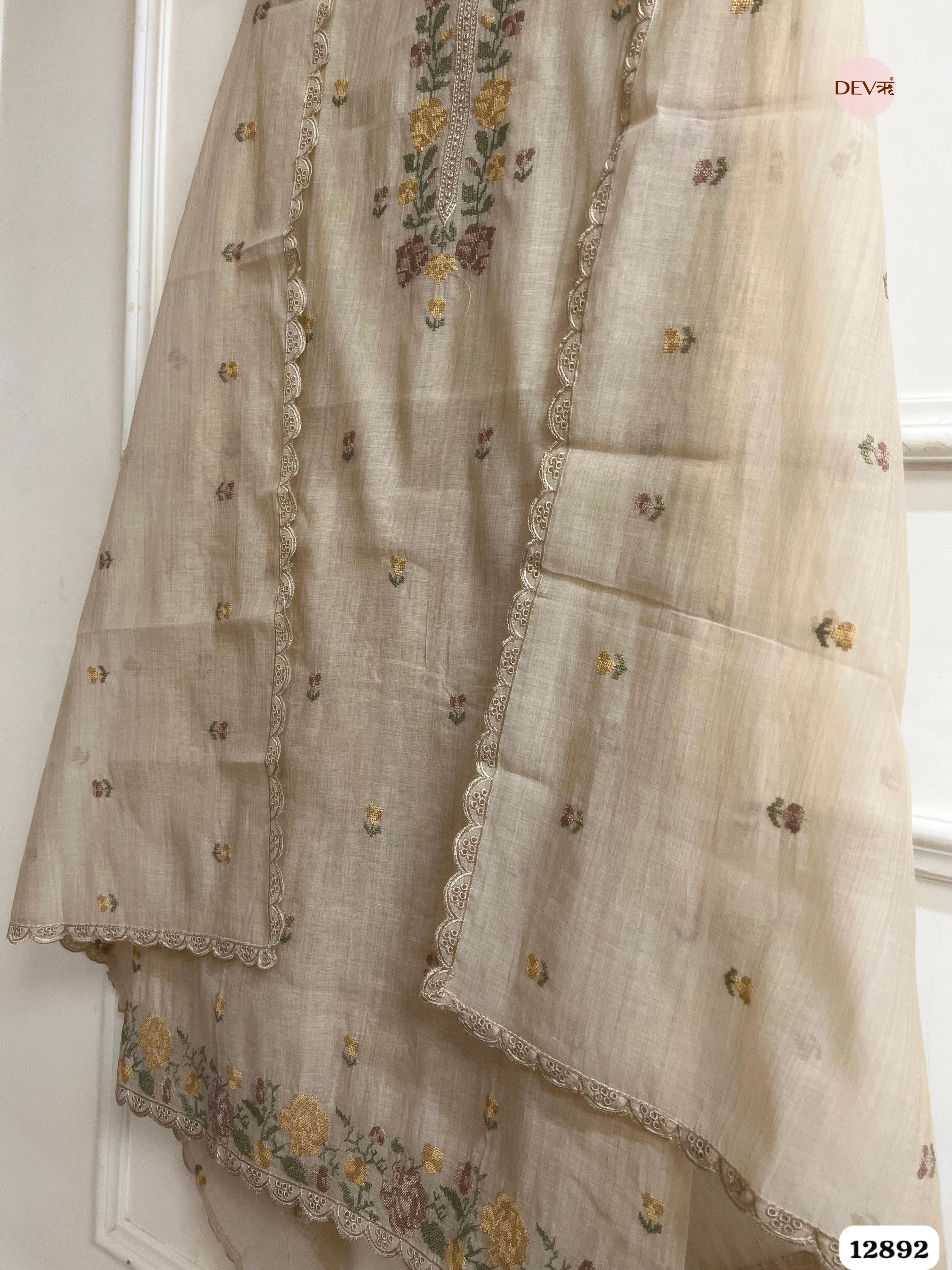 Beige Mul Chanderi Embroidered Unstitched 3-Piece Suit (Devri – D.No 12892)