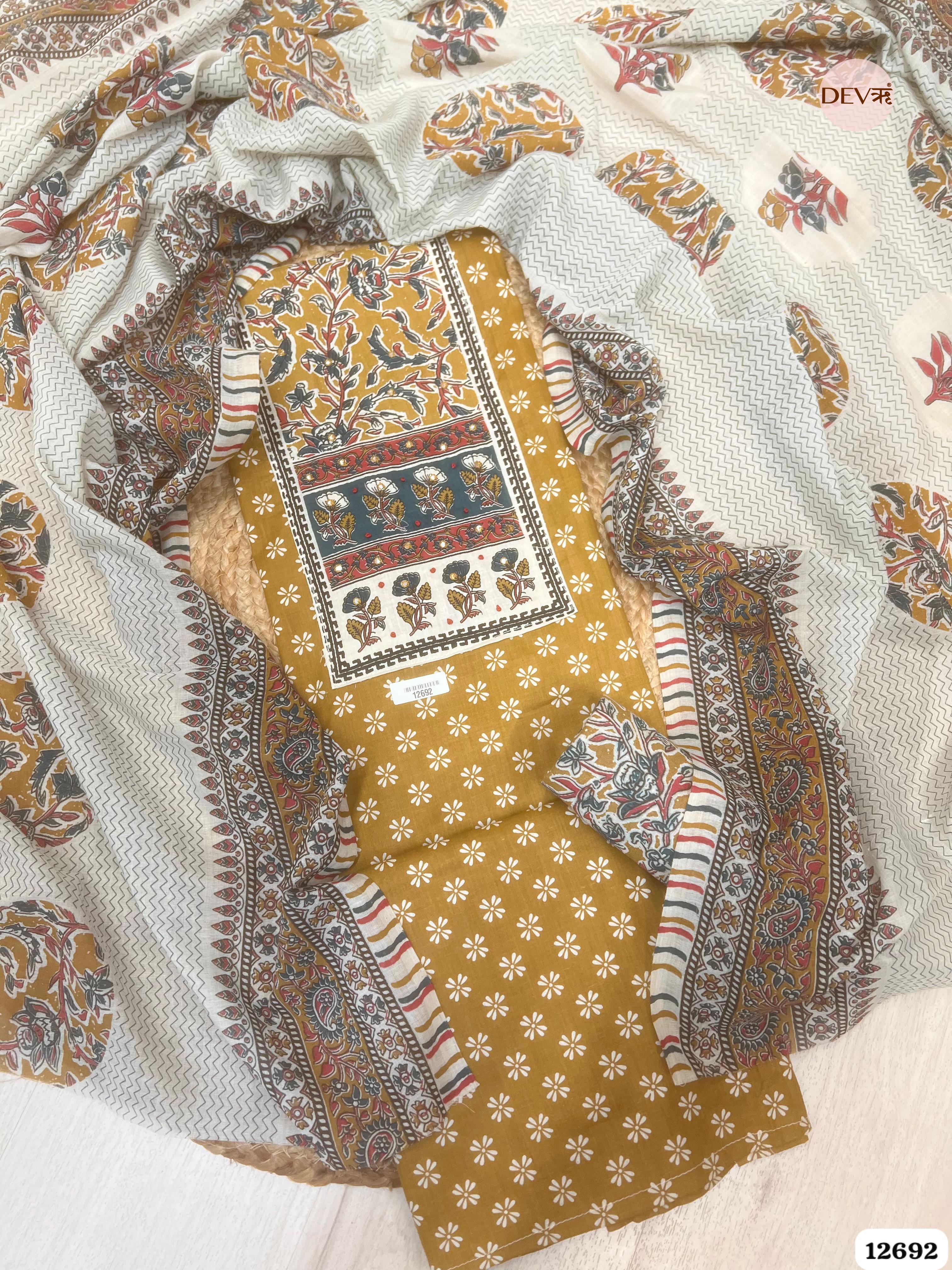 Mustard Cotton Printed Unstitched 3-Piece Suit (Devri – D.No 12692)