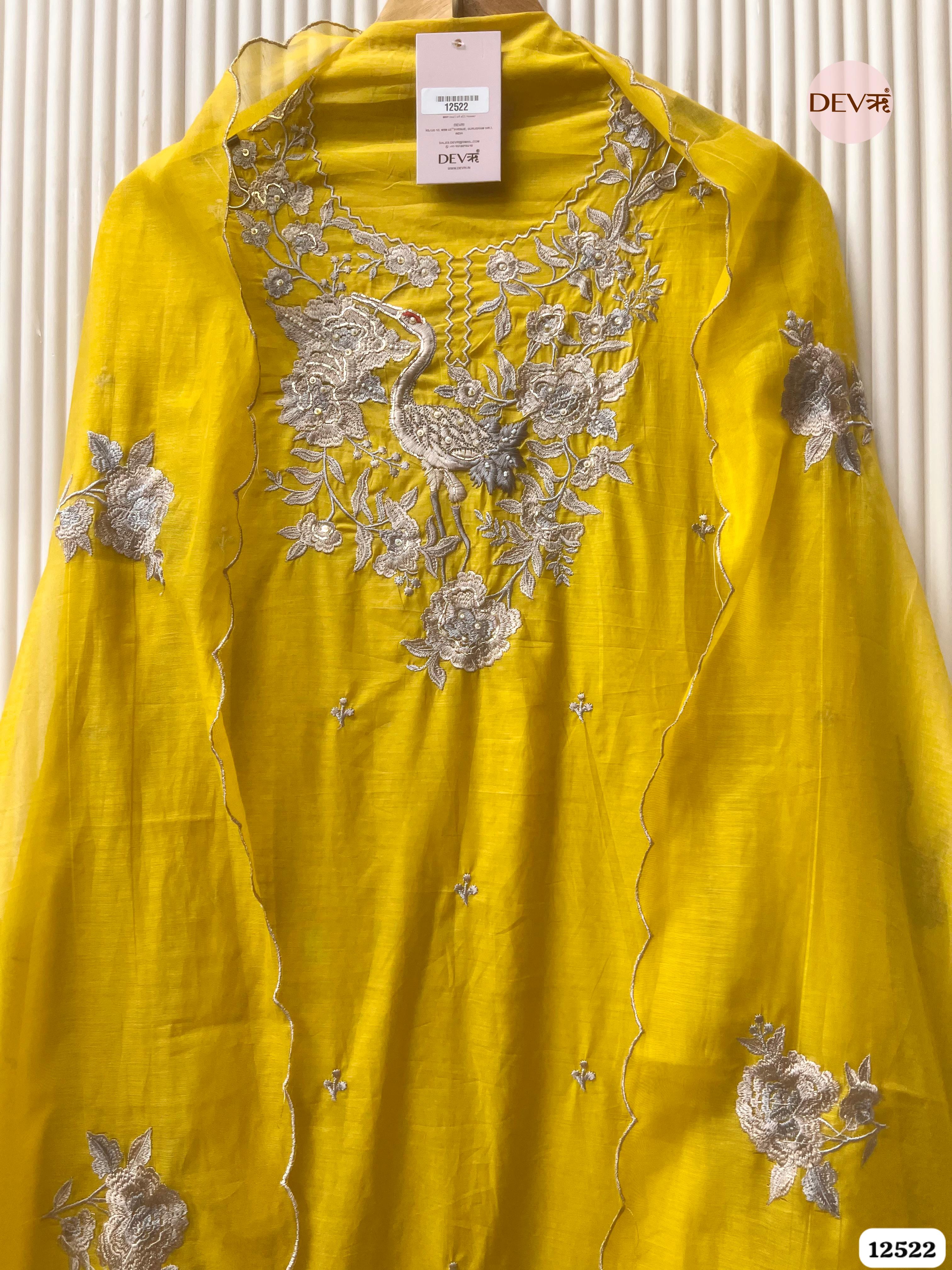 Yellow Pure Mul Chanderi Embroidered Unstitched 3-Piece Suit (Devri – D.No 12522)