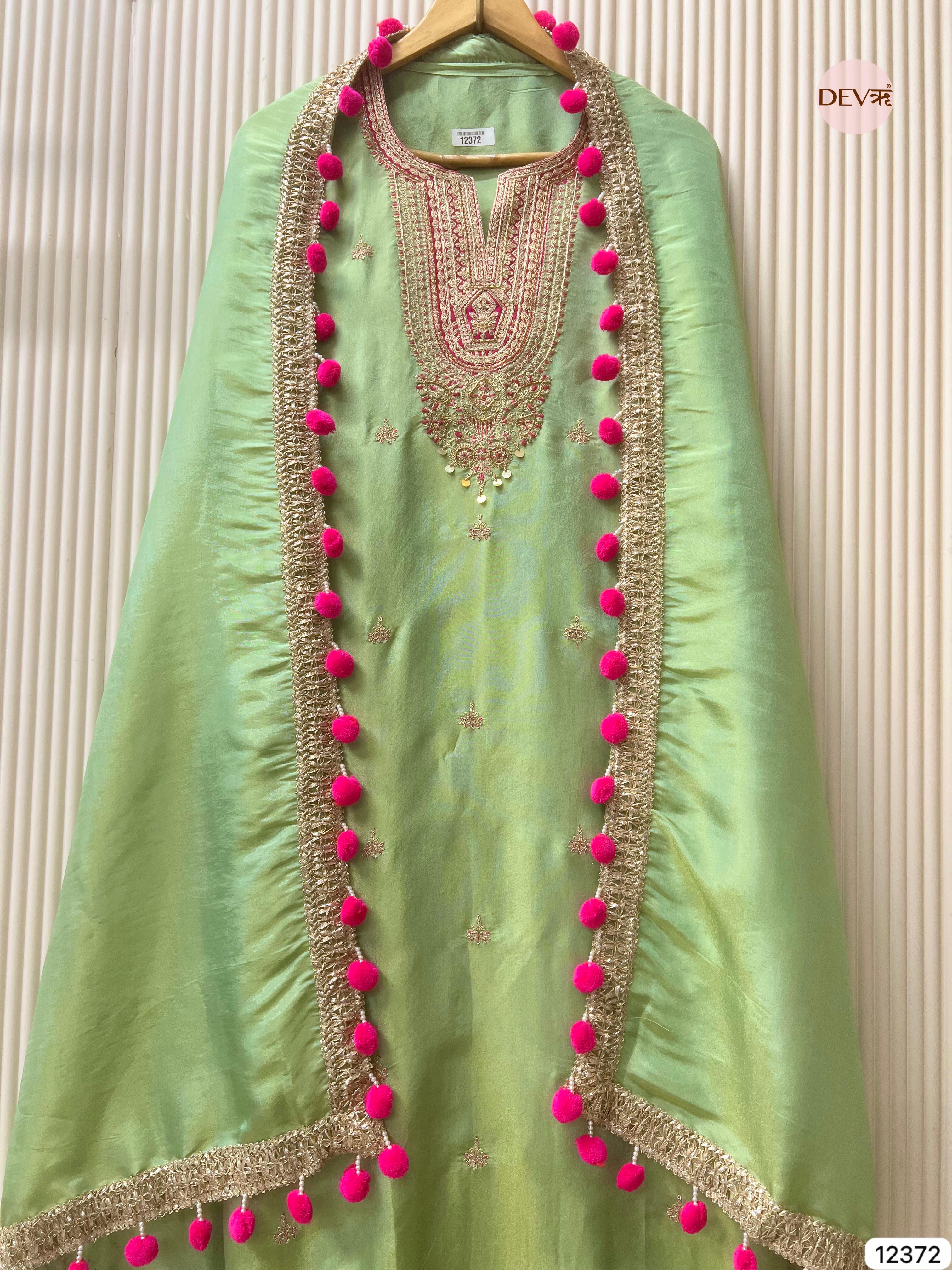 Mint Green Shimmer Silk Embellished Unstitched 3-Piece Suit (Devri – D.No 12372)
