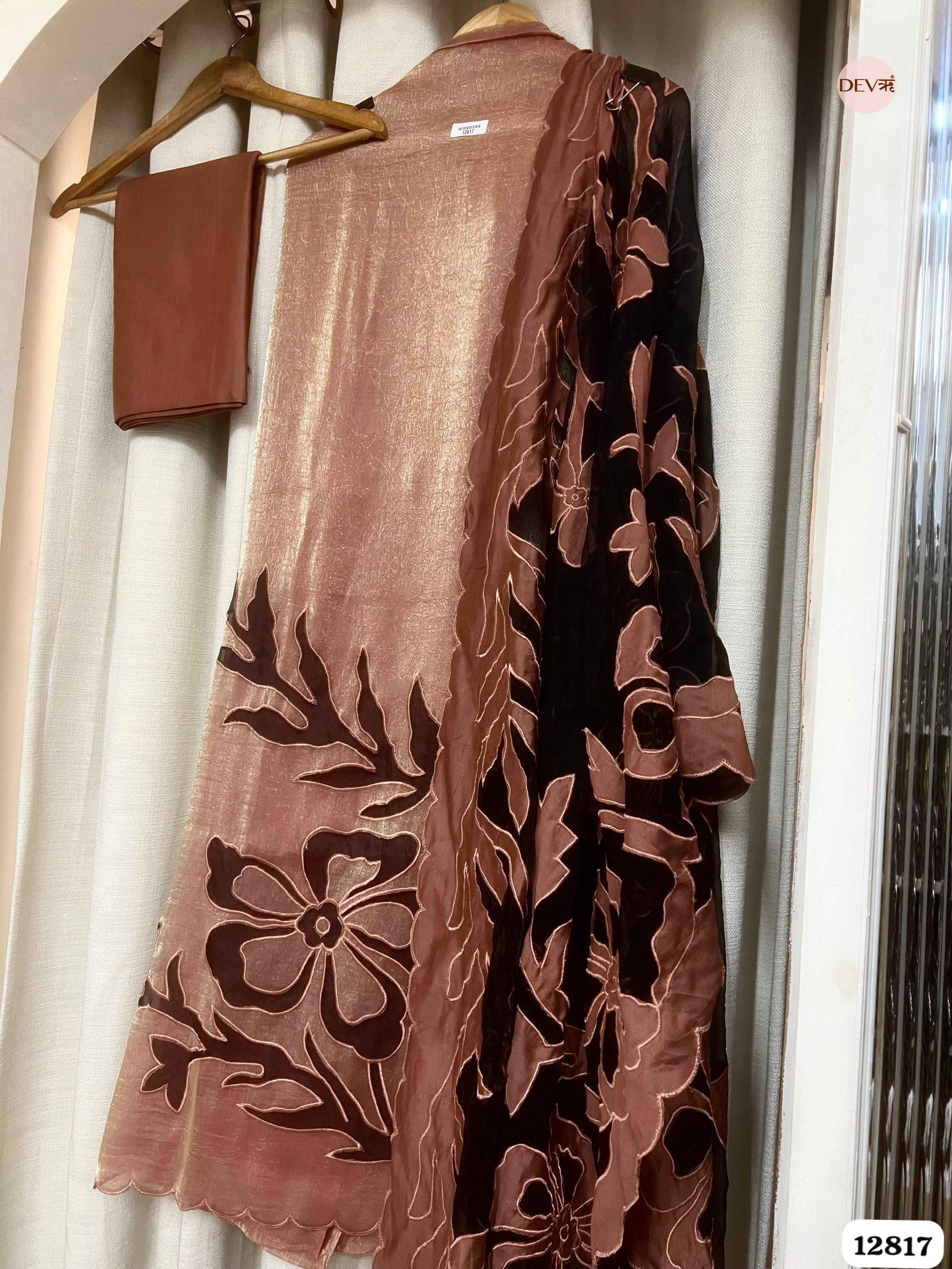 Brown Crush Tissue Silk Embroidered Unstitched 3-Piece Suit (Devri – D.No 12817)