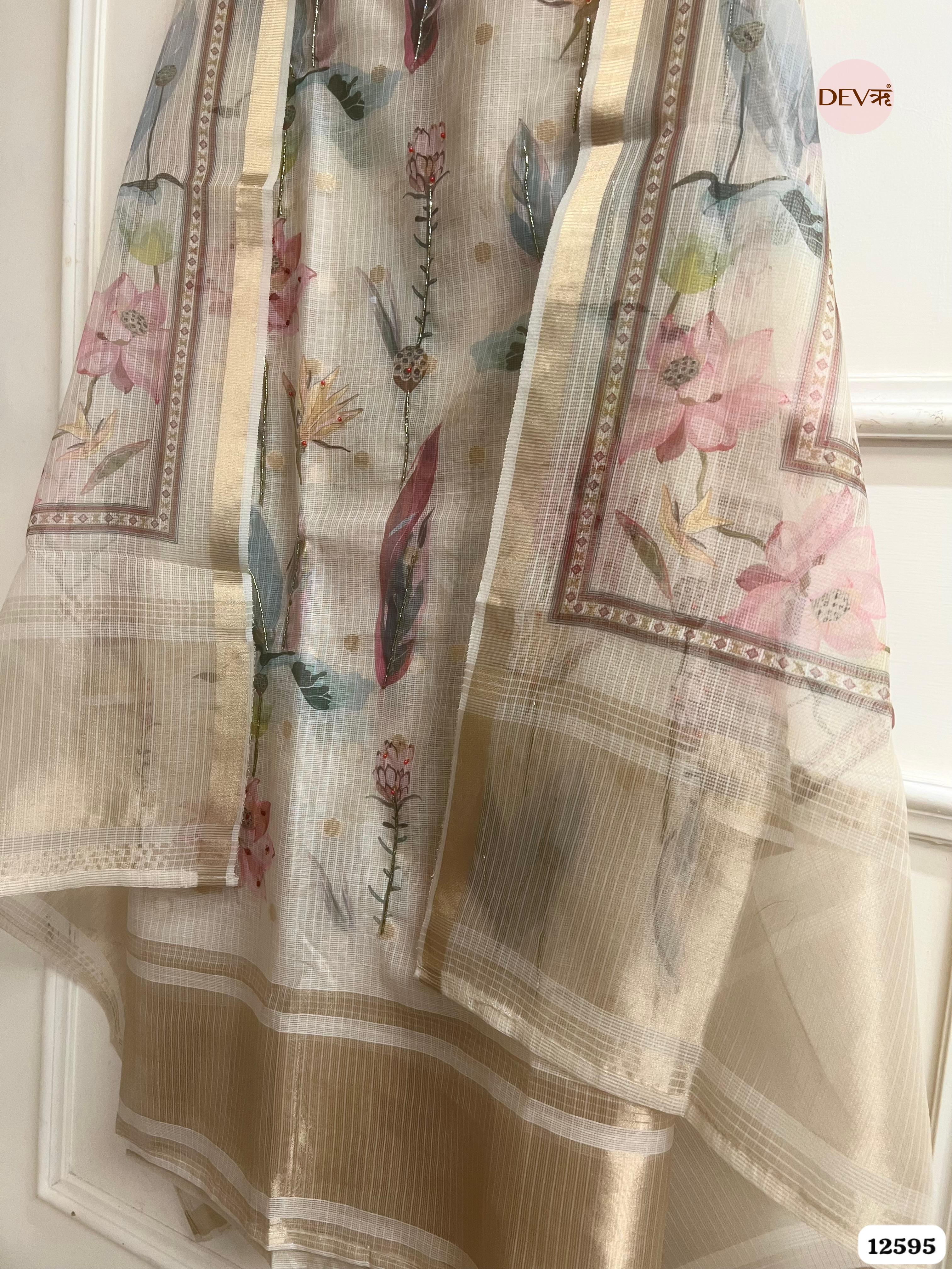 Beige kota Cotton Floral Unstitched 3-Piece Suit (Devri – D.No 12595)