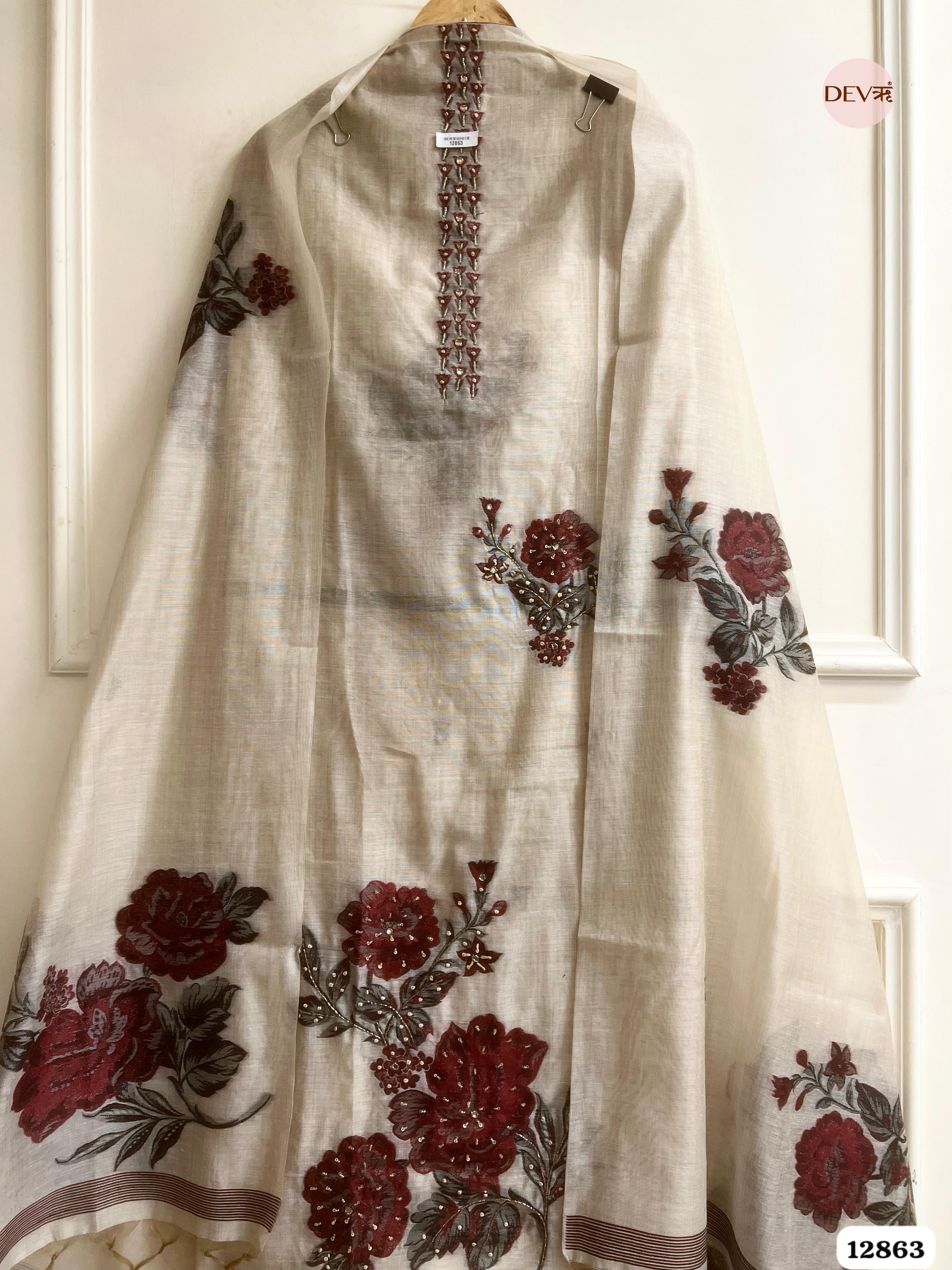 Pista Green Mul Chanderi Embroidered Unstitched 3-Piece Suit (Devri – D.No 12863)