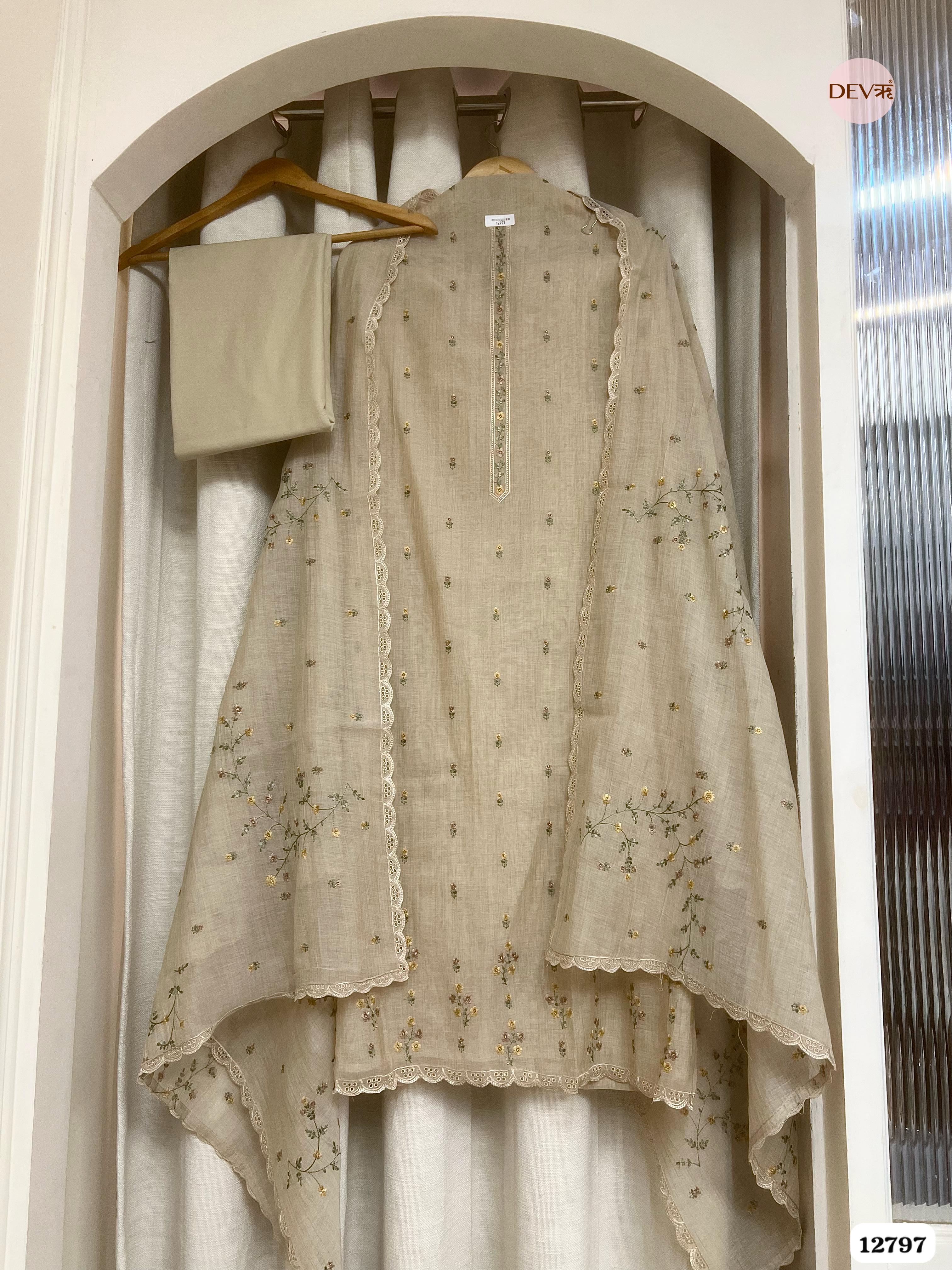 Beige Mul Chanderi Embroidered Unstitched 3-Piece Suit (Devri – D.No 12797)