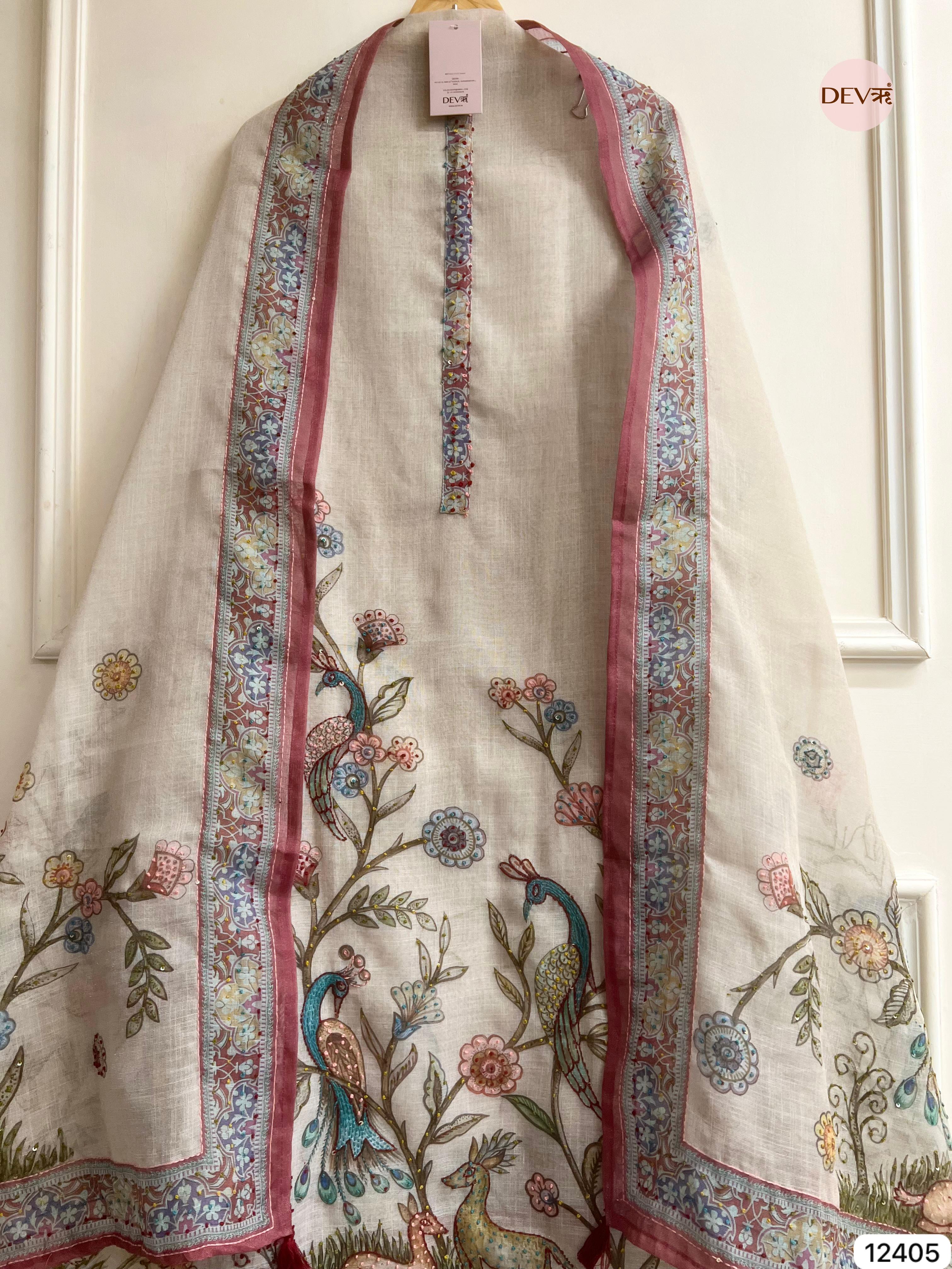 Beige Pure Linen Cotton Printed Unstitched 3-Piece Suit (Devri – D.No 12405).