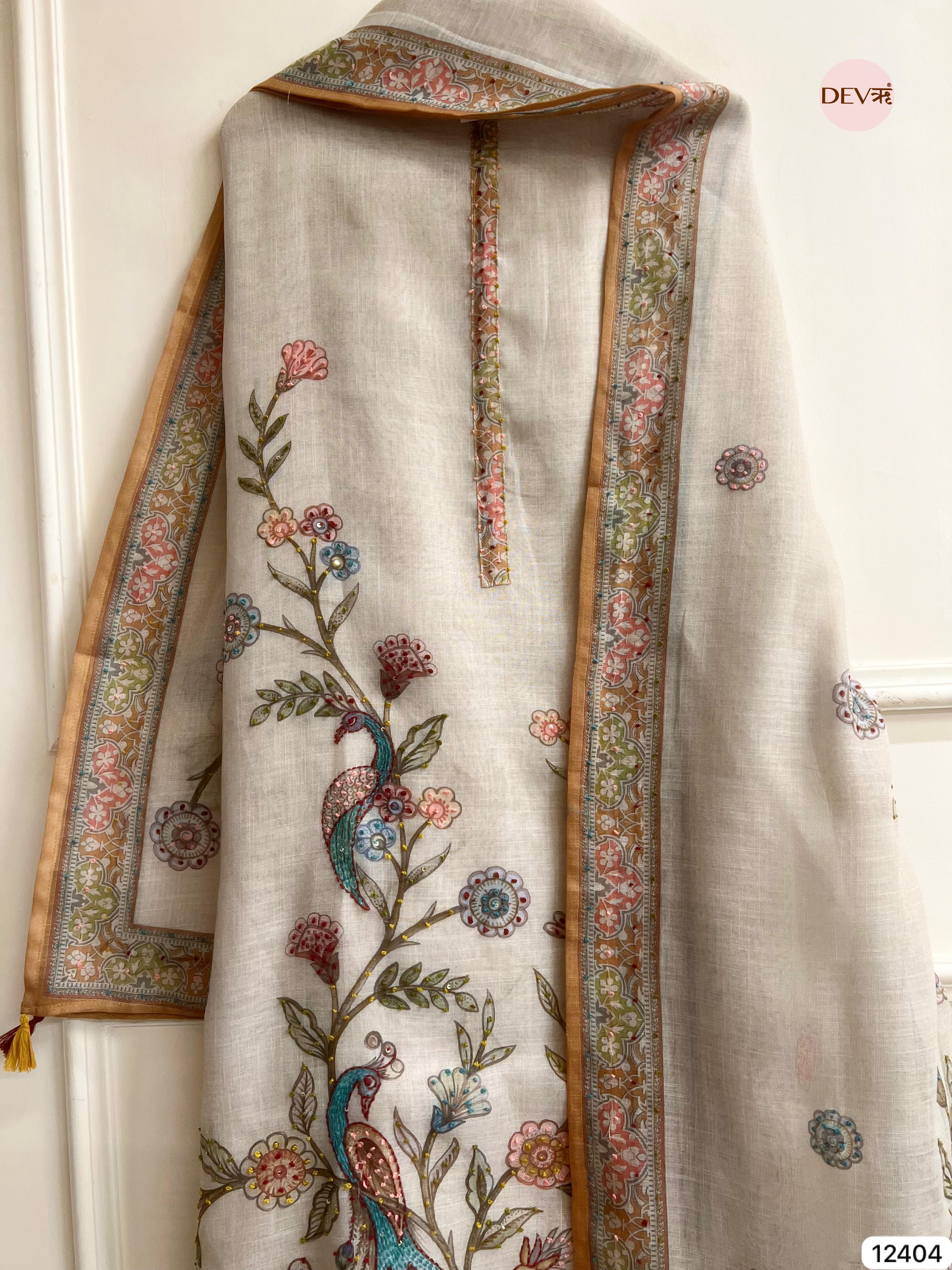 Beige Pure Linen Cotton Printed Unstitched 3-Piece Suit (Devri – D.No 12404)