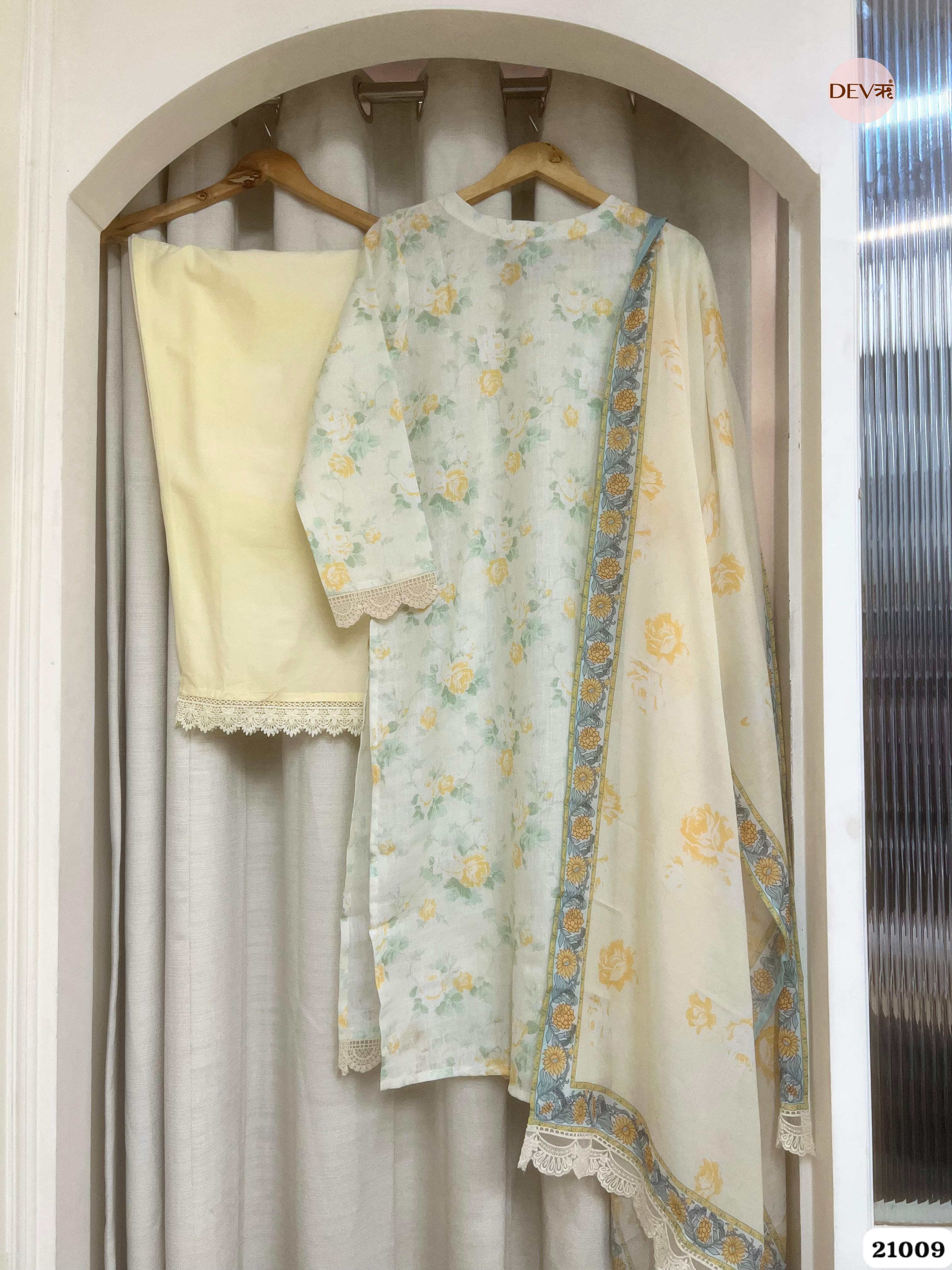 Gayatri Pure Cotton Printed Lemon Yellow 3-Piece Set (Devri – D.No 21009)