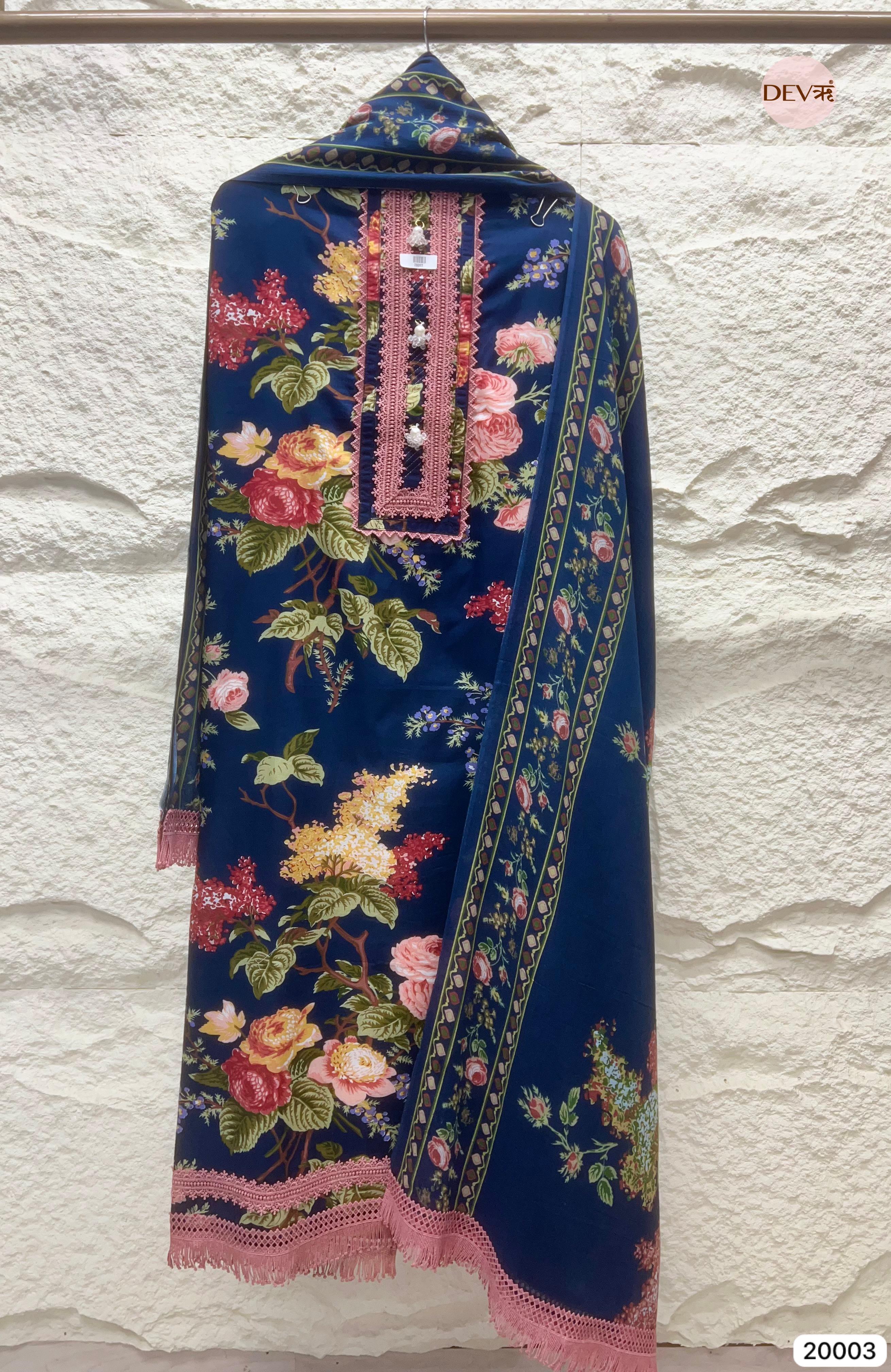Indigo Meadow Pure Cotton Printed Unstitched 3-Piece Suit (Devri – D.No 20003)