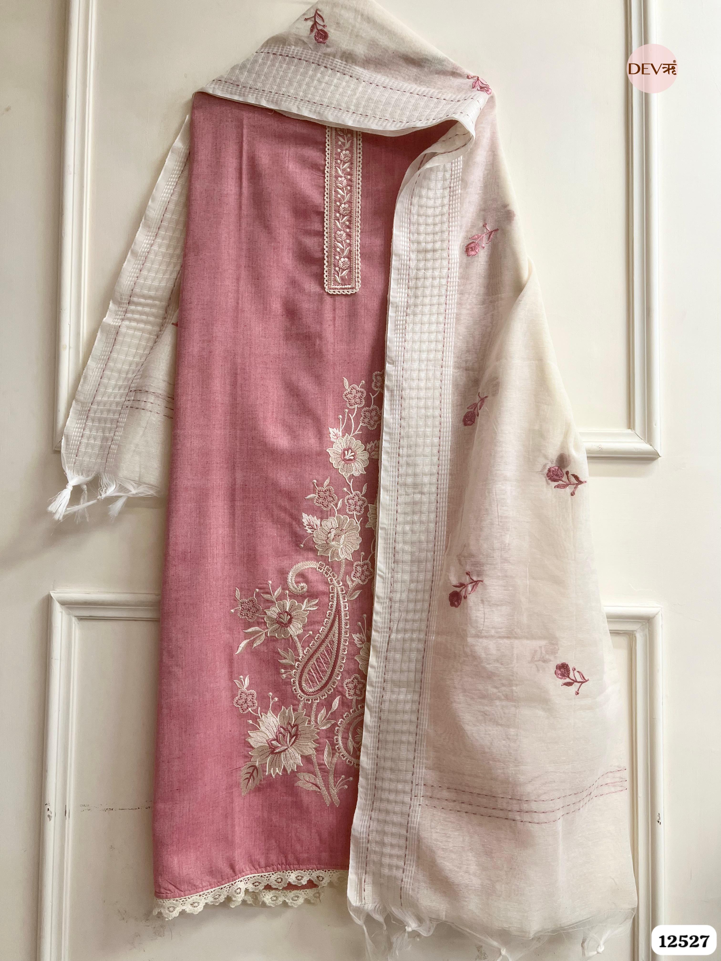 Dusty Rose Handloom Cotton Embroidered Unstitched 3-Piece Suit (Devri – D.No 12527)