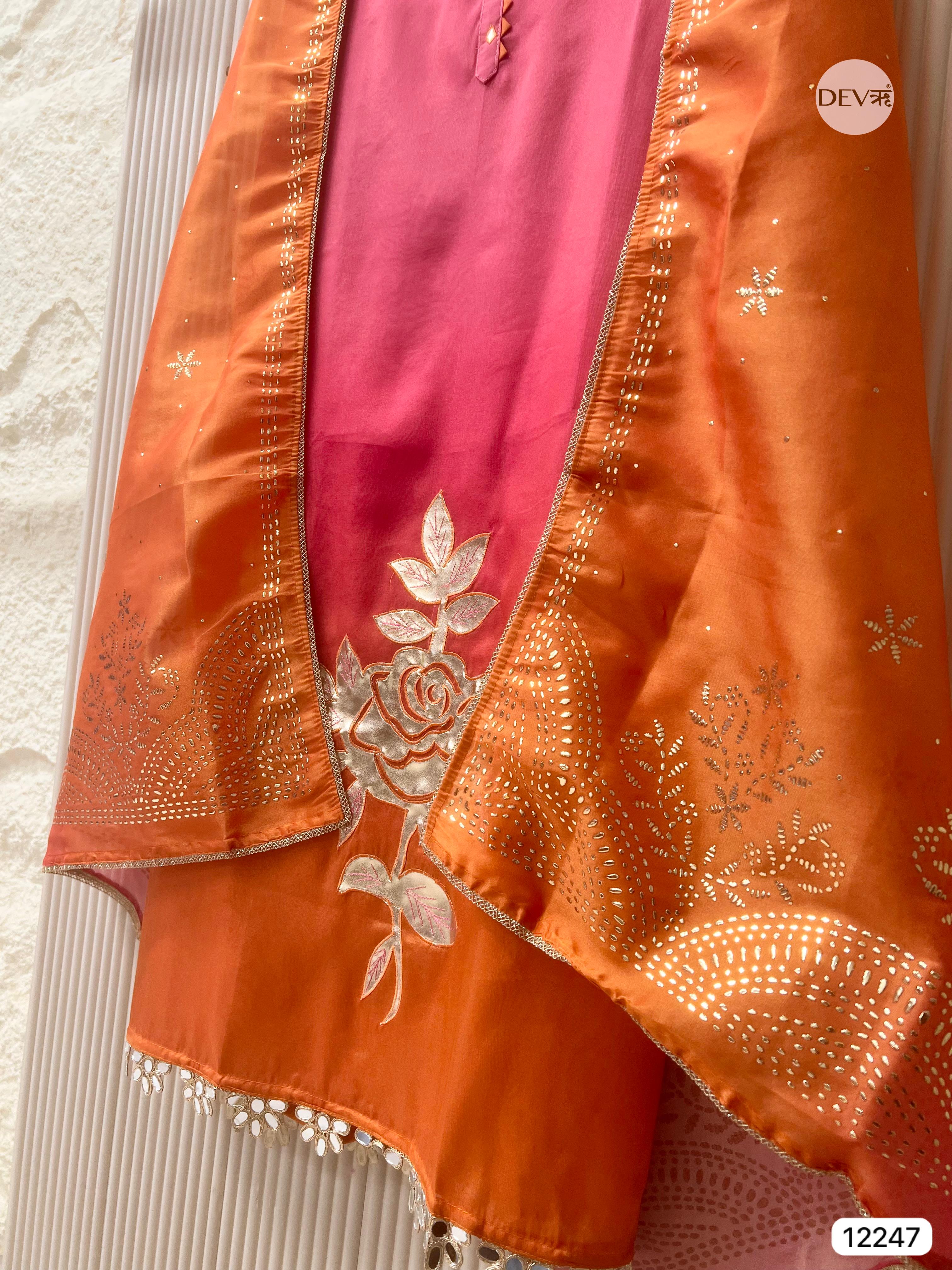 Orange Soft Tissue Shimmer Silk Embroidered Unstitched 3-Piece Suit (Devri – D.No 12247)