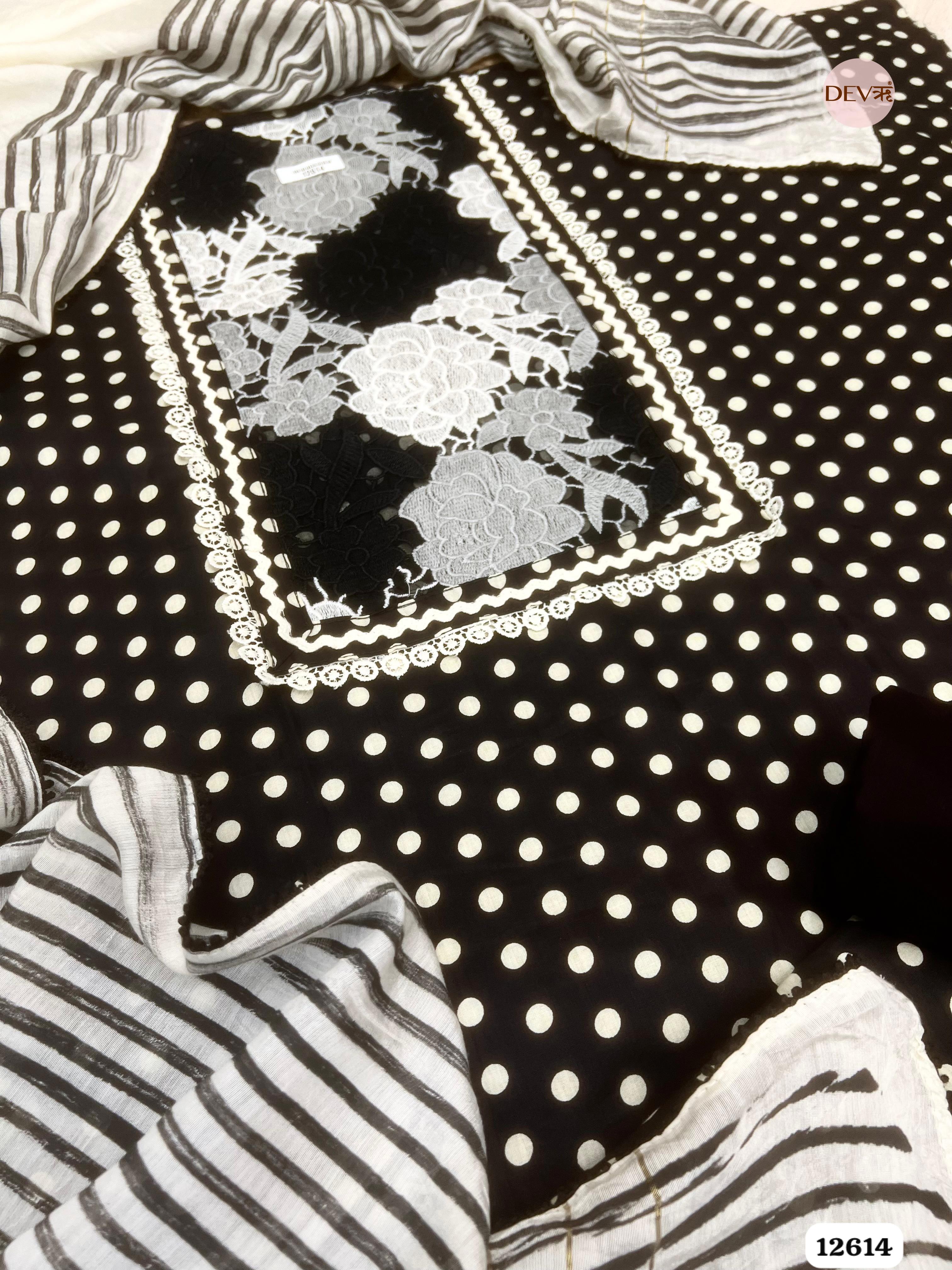 Black and White Cotton Polka Dot Unstitched 3-Piece Suit (Devri – D.No 12614)