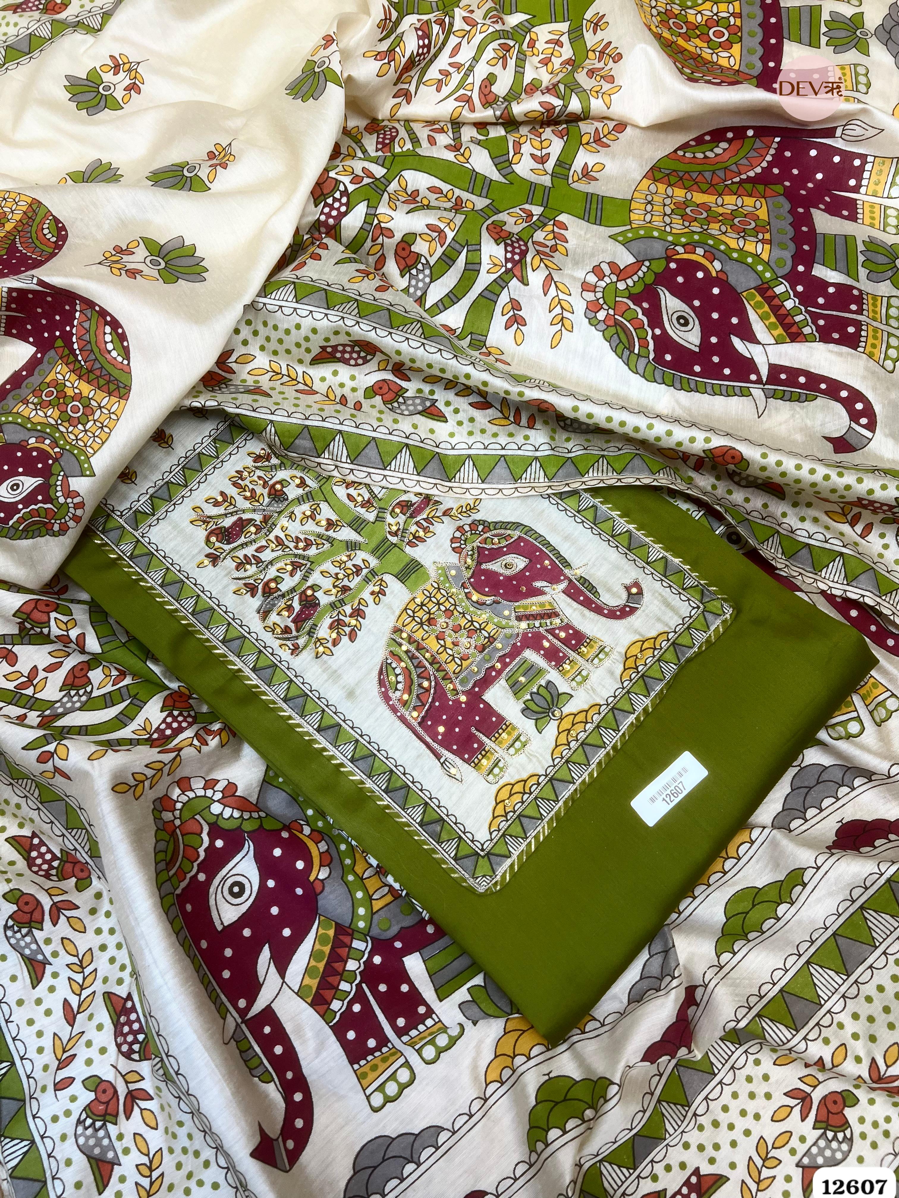 Olive Green Cotton Embroidered Unstitched 3-Piece Suit (Devri – D.No 12607)