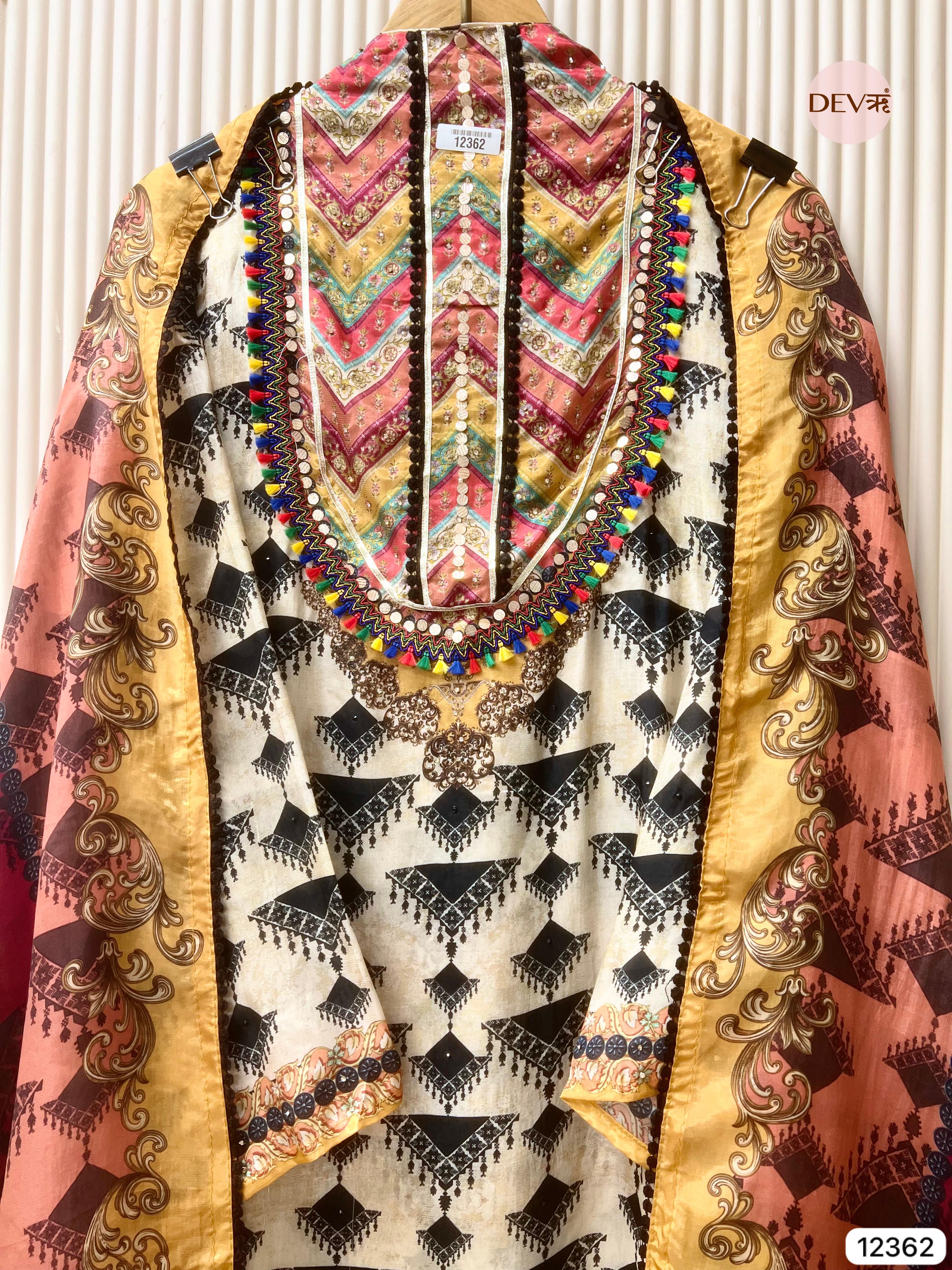 Ivory Multicolour Organza Silk Printed Unstitched 3-Piece Suit (Devri – D.No 12362)