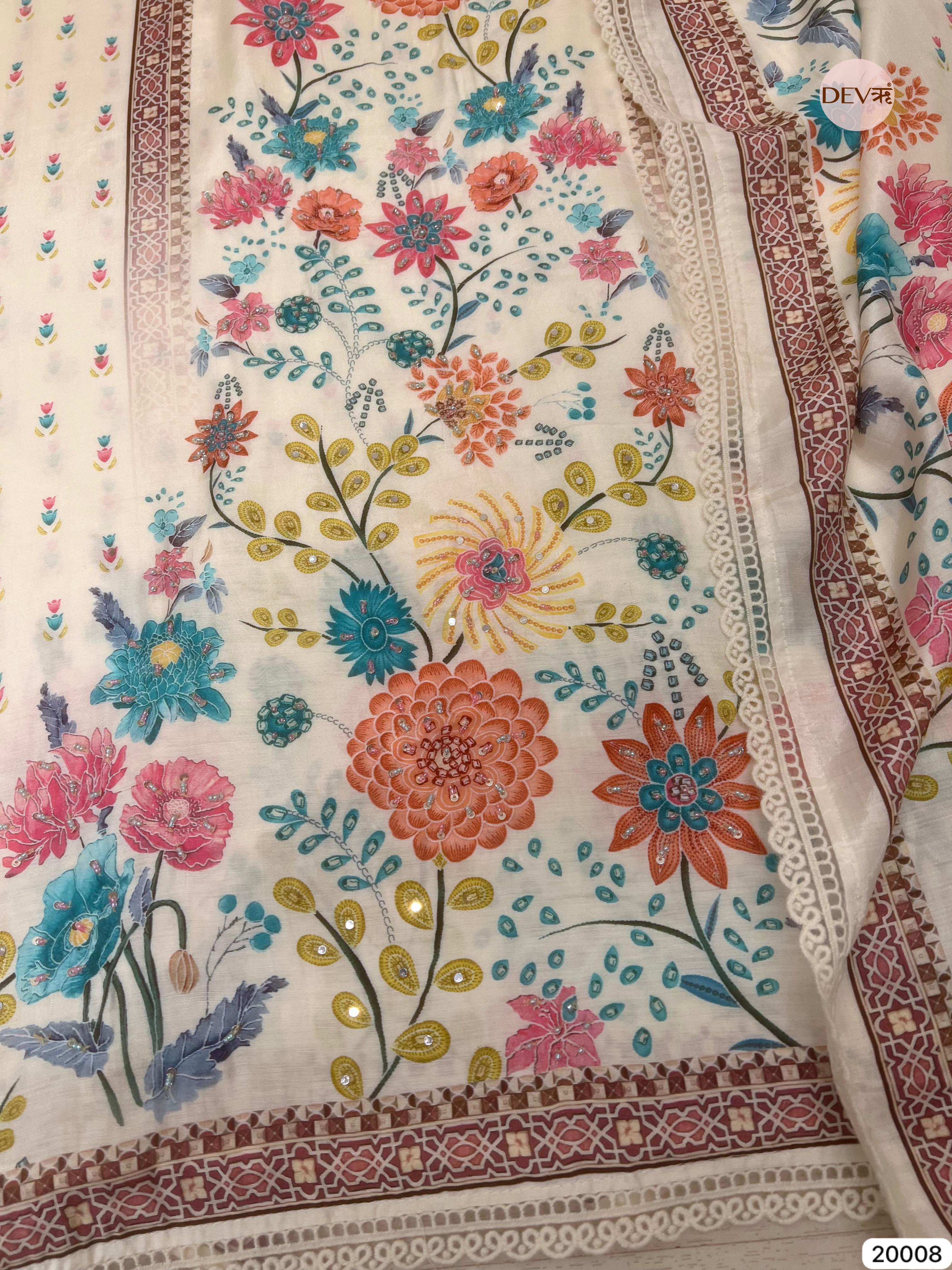 Off-White Muslin Embroidered Unstitched 3-Piece Suit (Devri – D.No 20008)