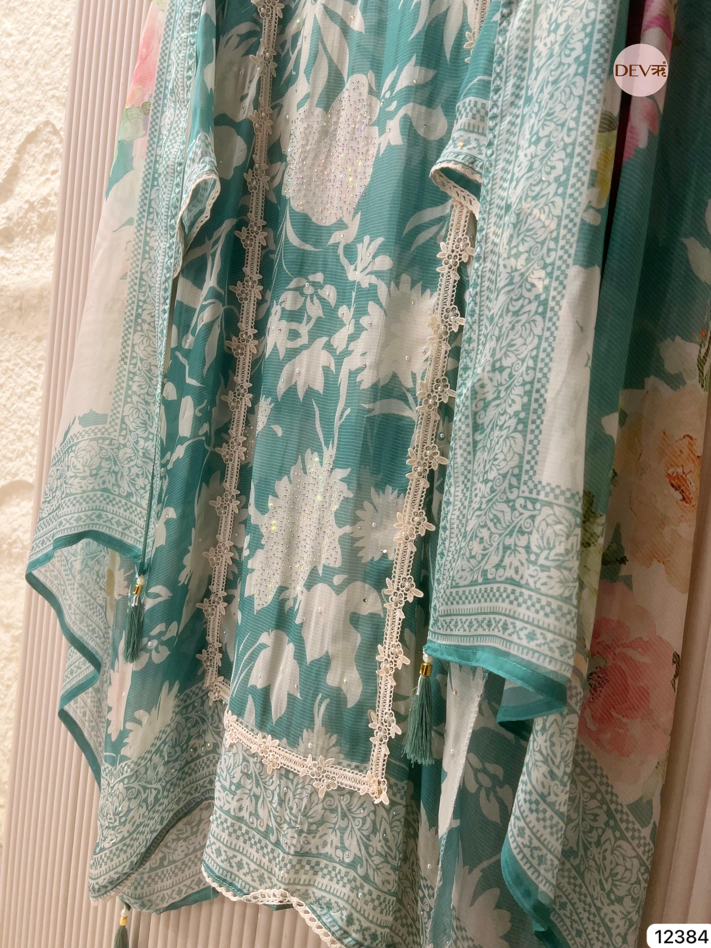 Sea Green Organza Printed Unstitched 3-Piece Suit (Devri – D.No 12384)