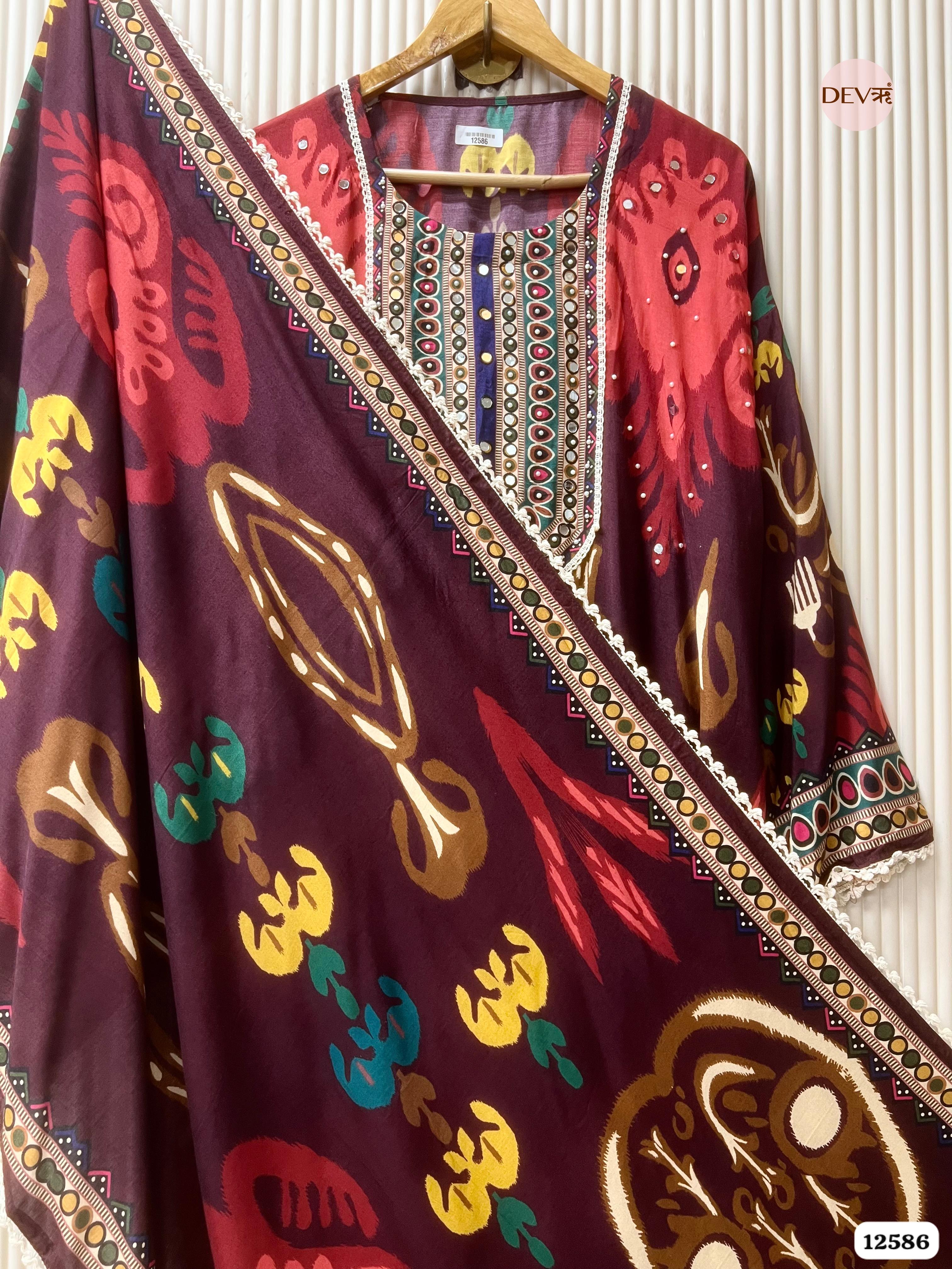 Deep Wine Muslin Printed Unstitched 3-Piece Suit (Devri – D.No 12586)