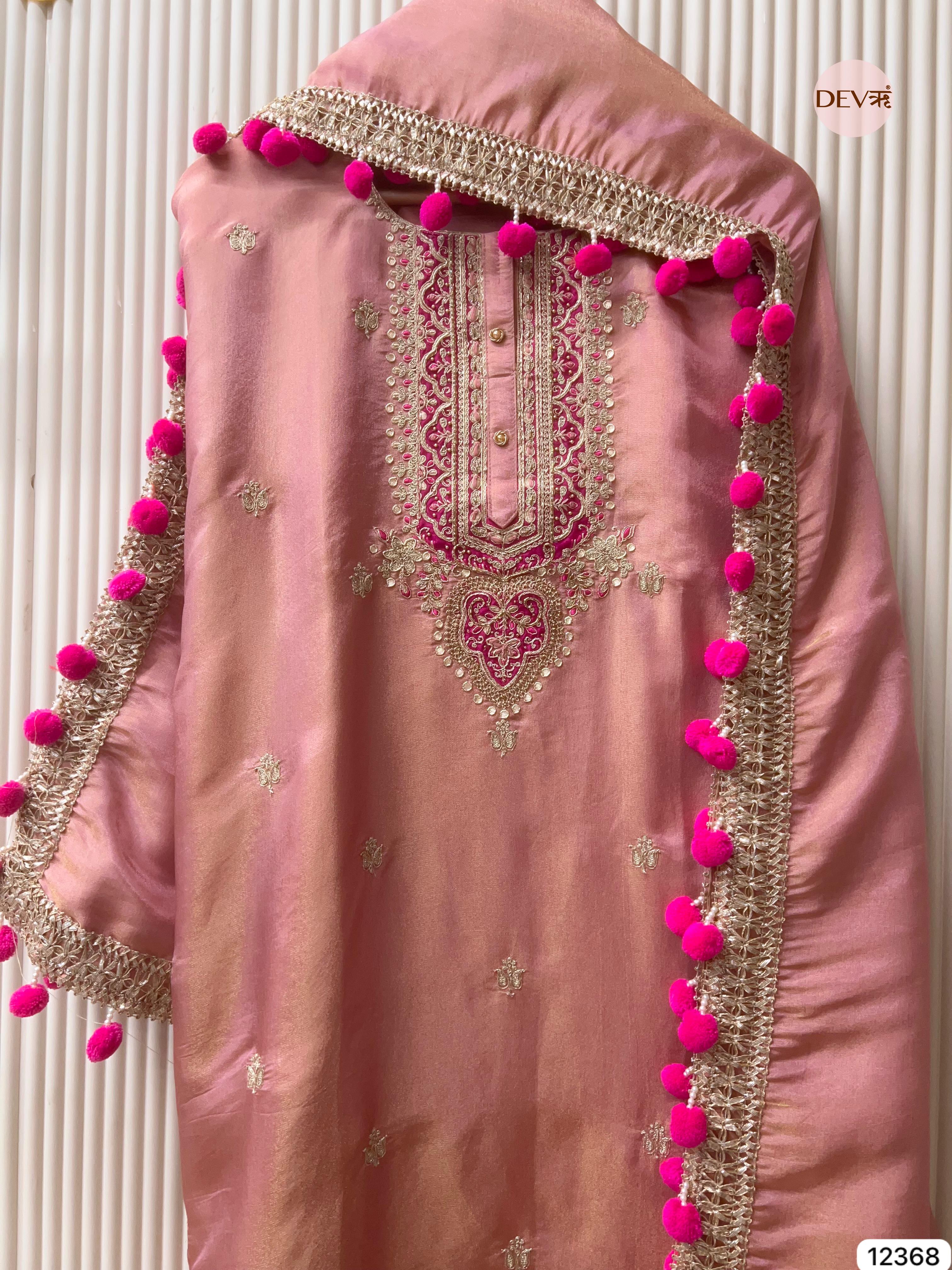 Blush Pink Shimmer Silk Hand Embroidered Unstitched 3-Piece Suit (Devri – D.No 12368)