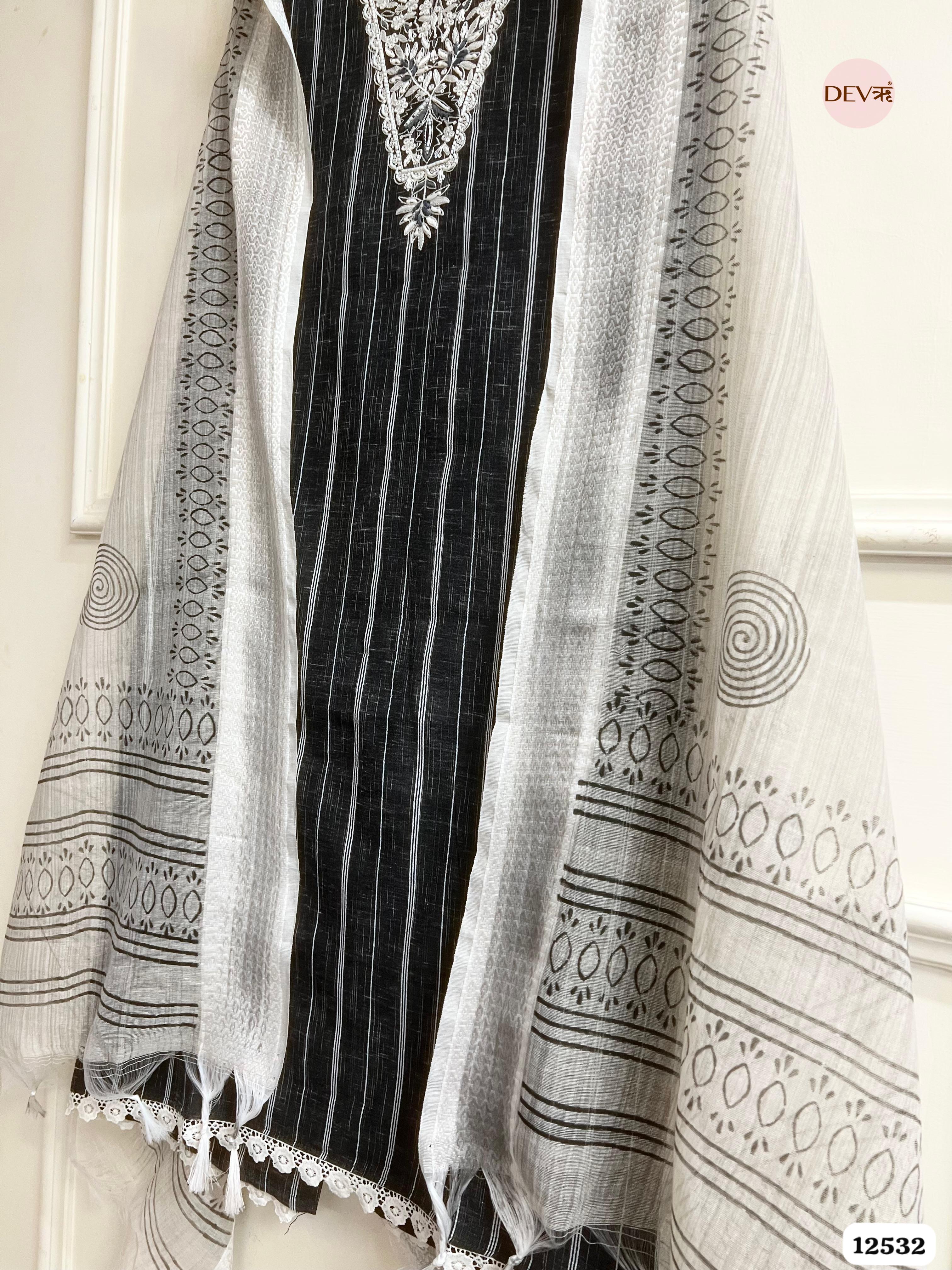 Black Handloom Cotton Embroidered Unstitched 3-Piece Suit (Devri – D.No. 12532)