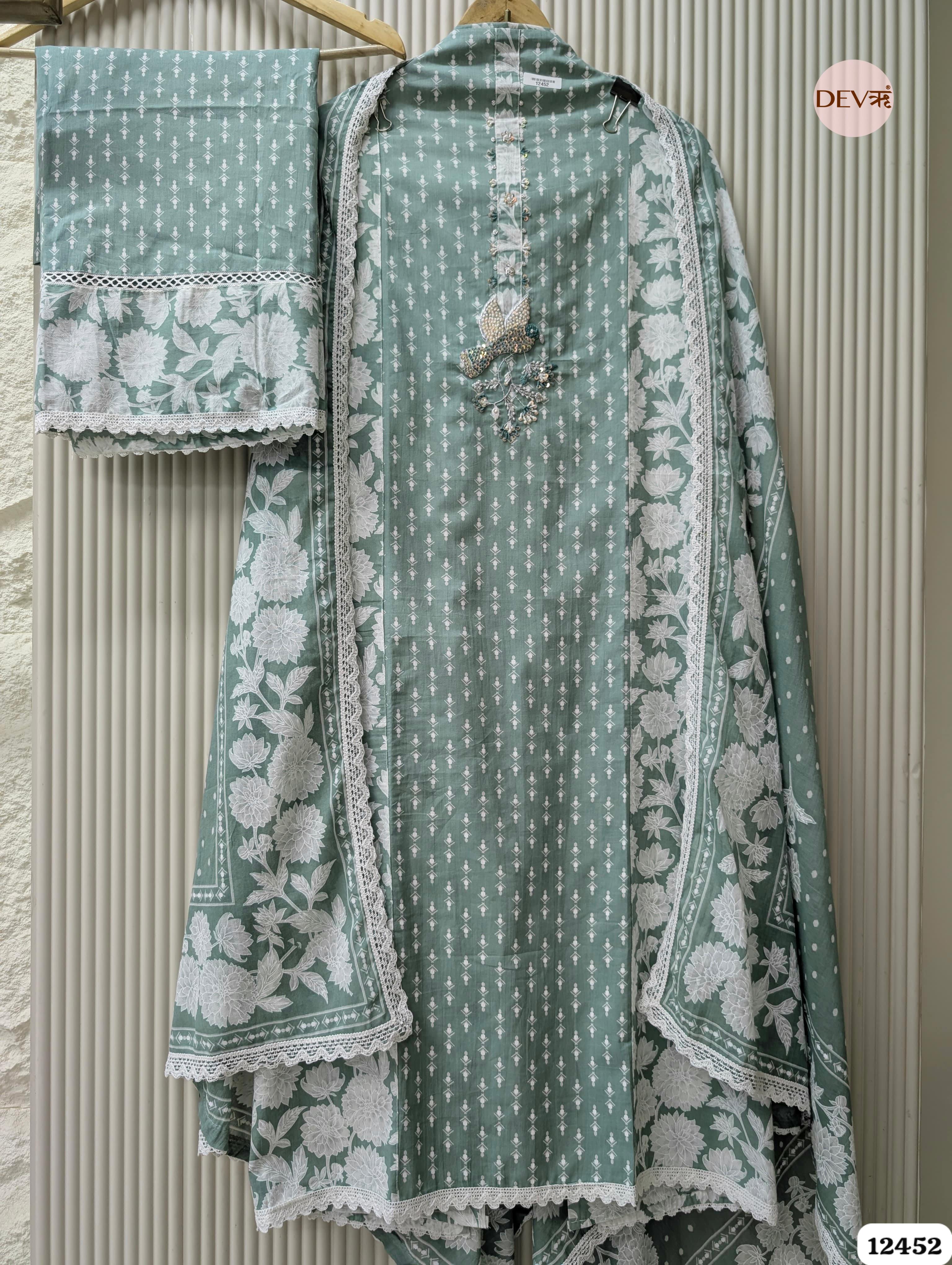 Sage Green Pure Cotton Printed & Embroidered Unstitched 3-Piece Suit (Devri – D.No 12452)