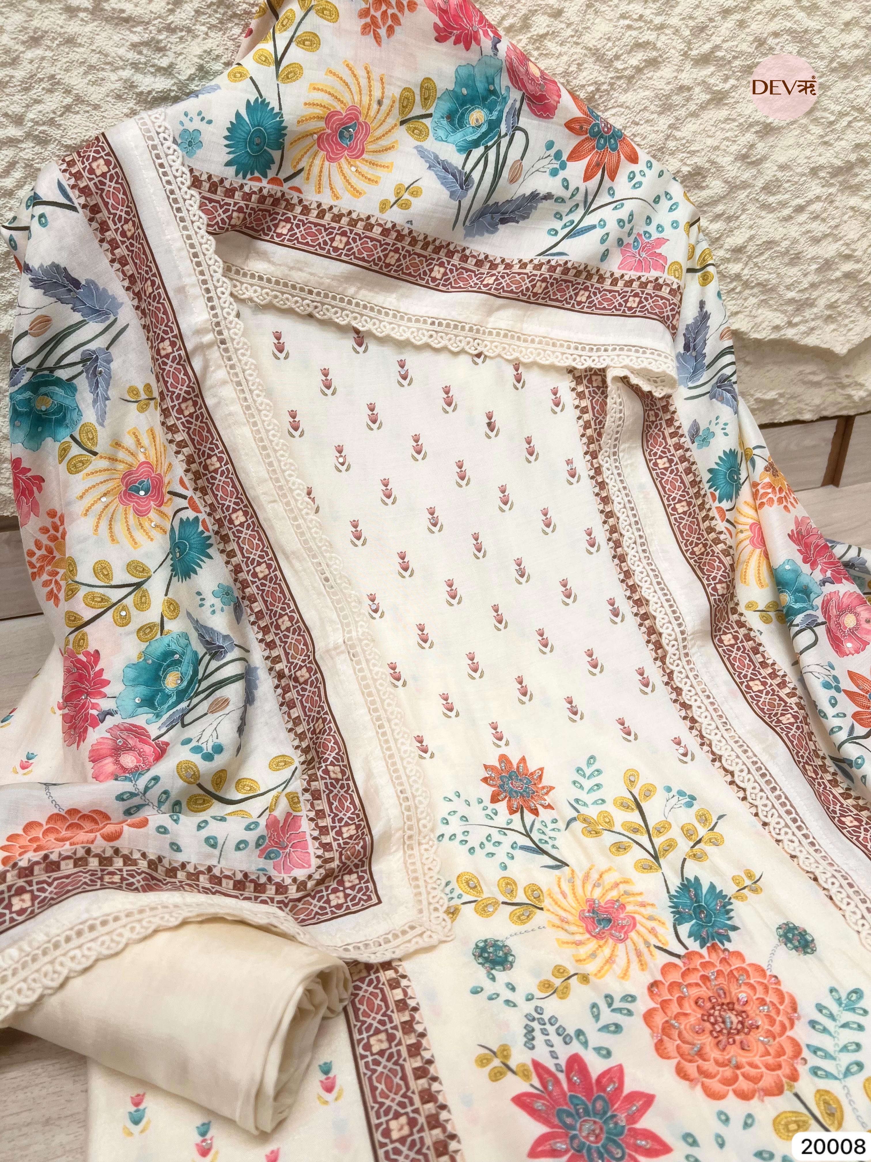 Off-White Muslin Embroidered Unstitched 3-Piece Suit (Devri – D.No 20008)