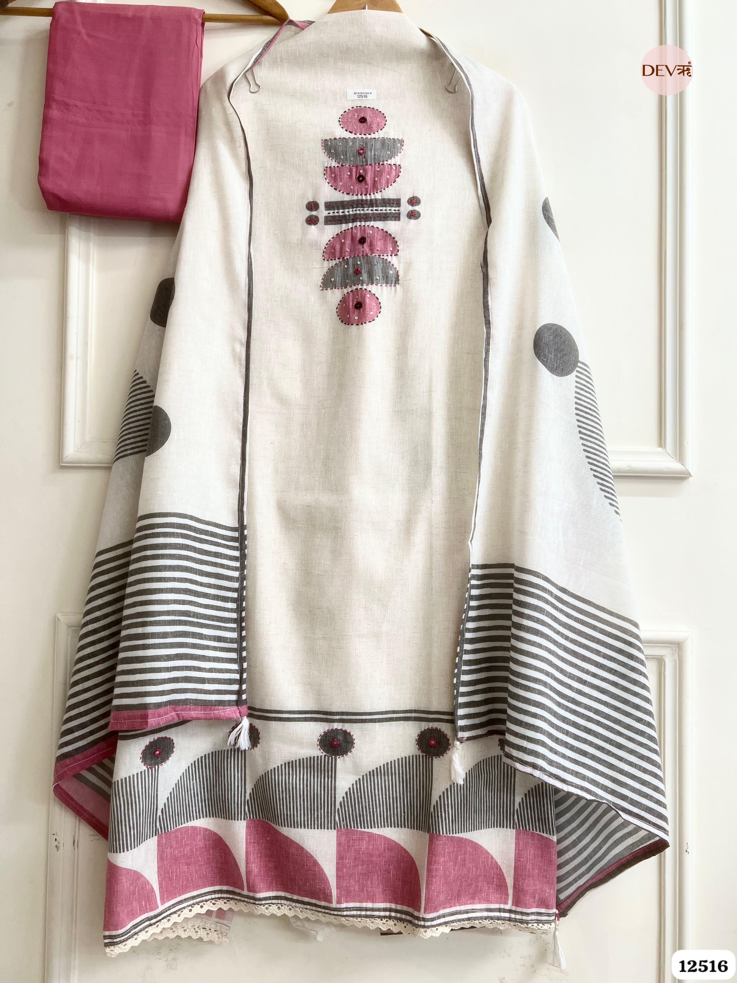 Ivory Linen Cotton Printed Unstitched 3-Piece Suit (Devri – D.No . 12516)