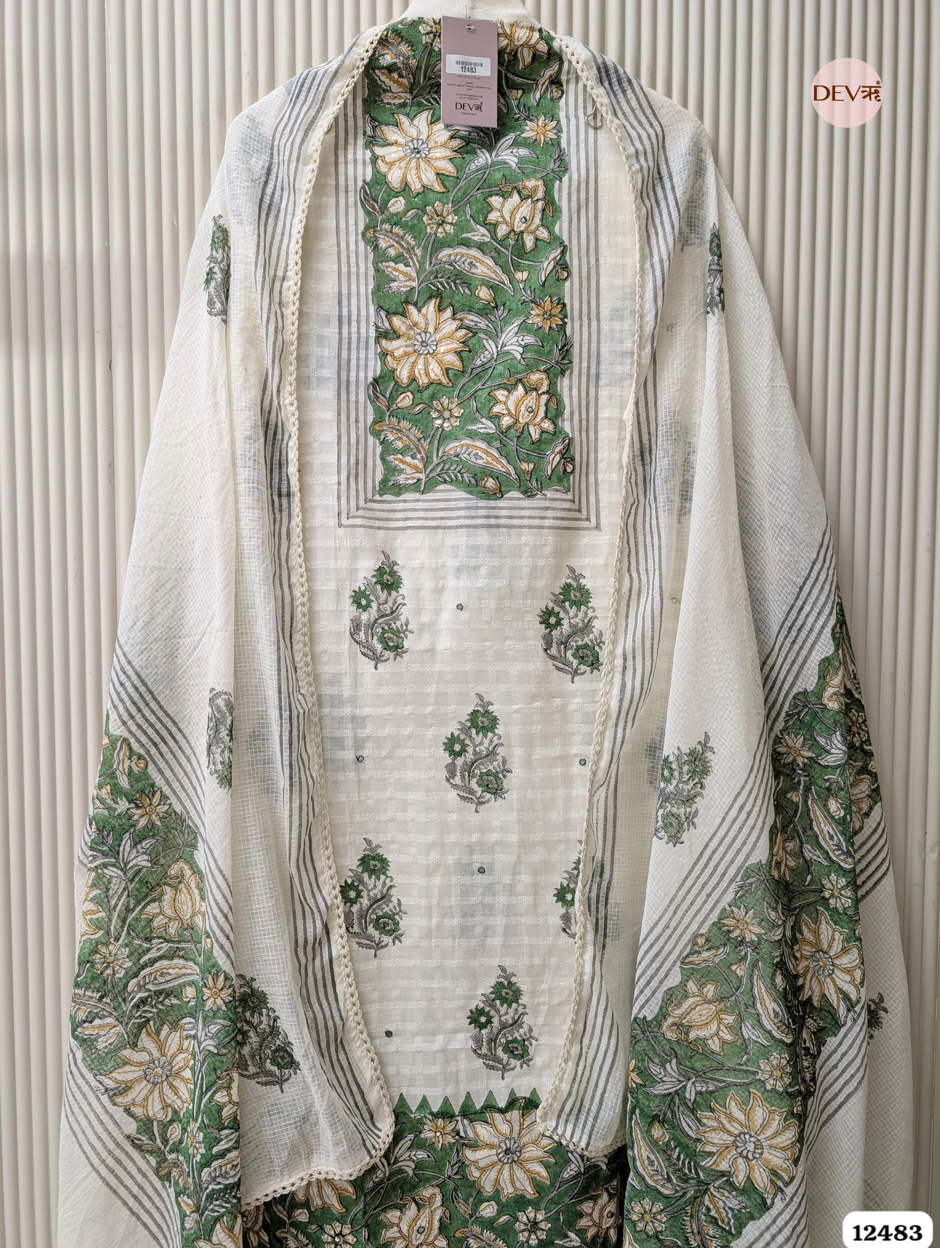 White & Green Pure Cotton Printed Unstitched 3-Piece Suit (Devri – D.No 12483)