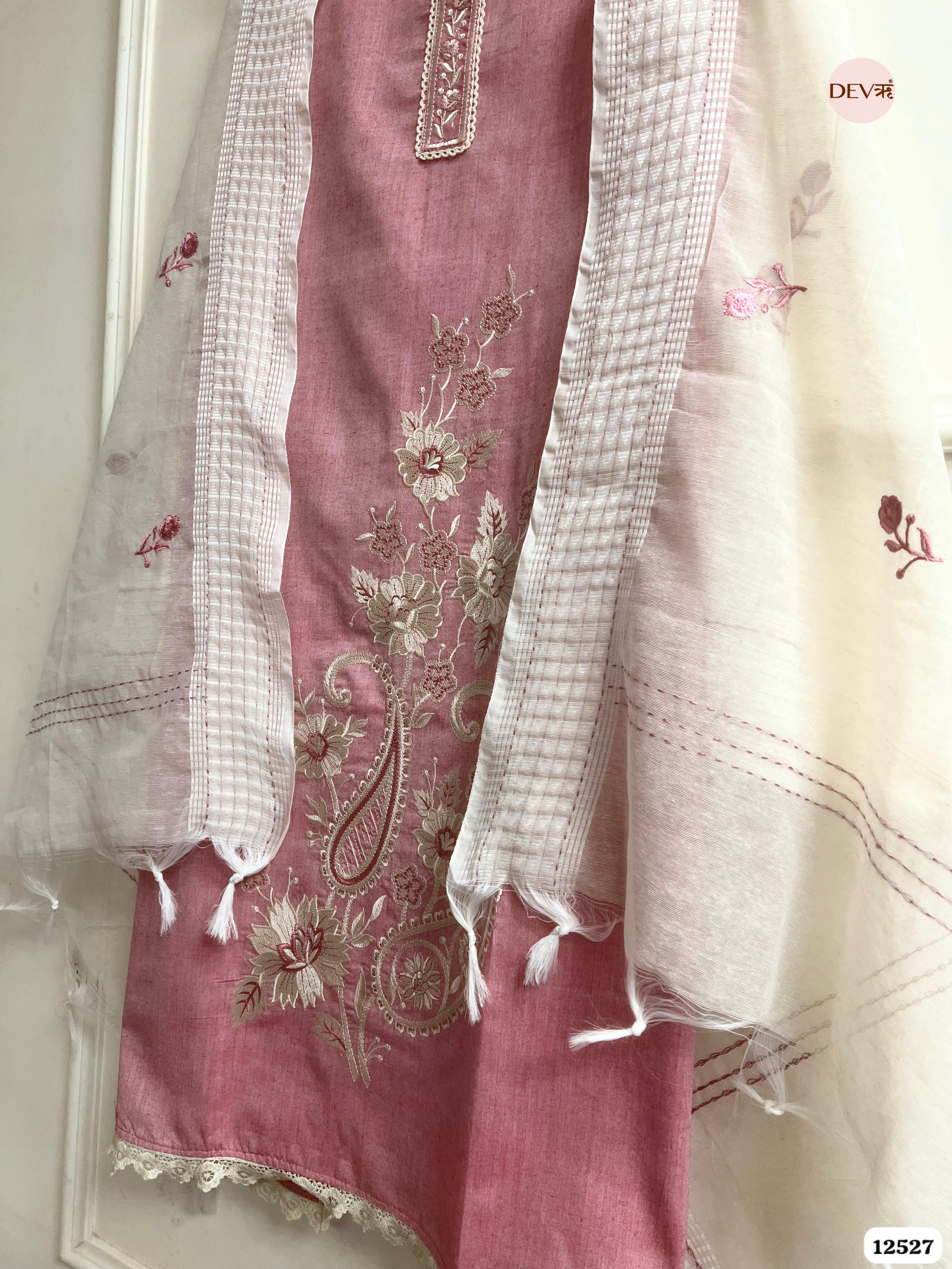 Dusty Rose Handloom Cotton Embroidered Unstitched 3-Piece Suit (Devri – D.No 12527)