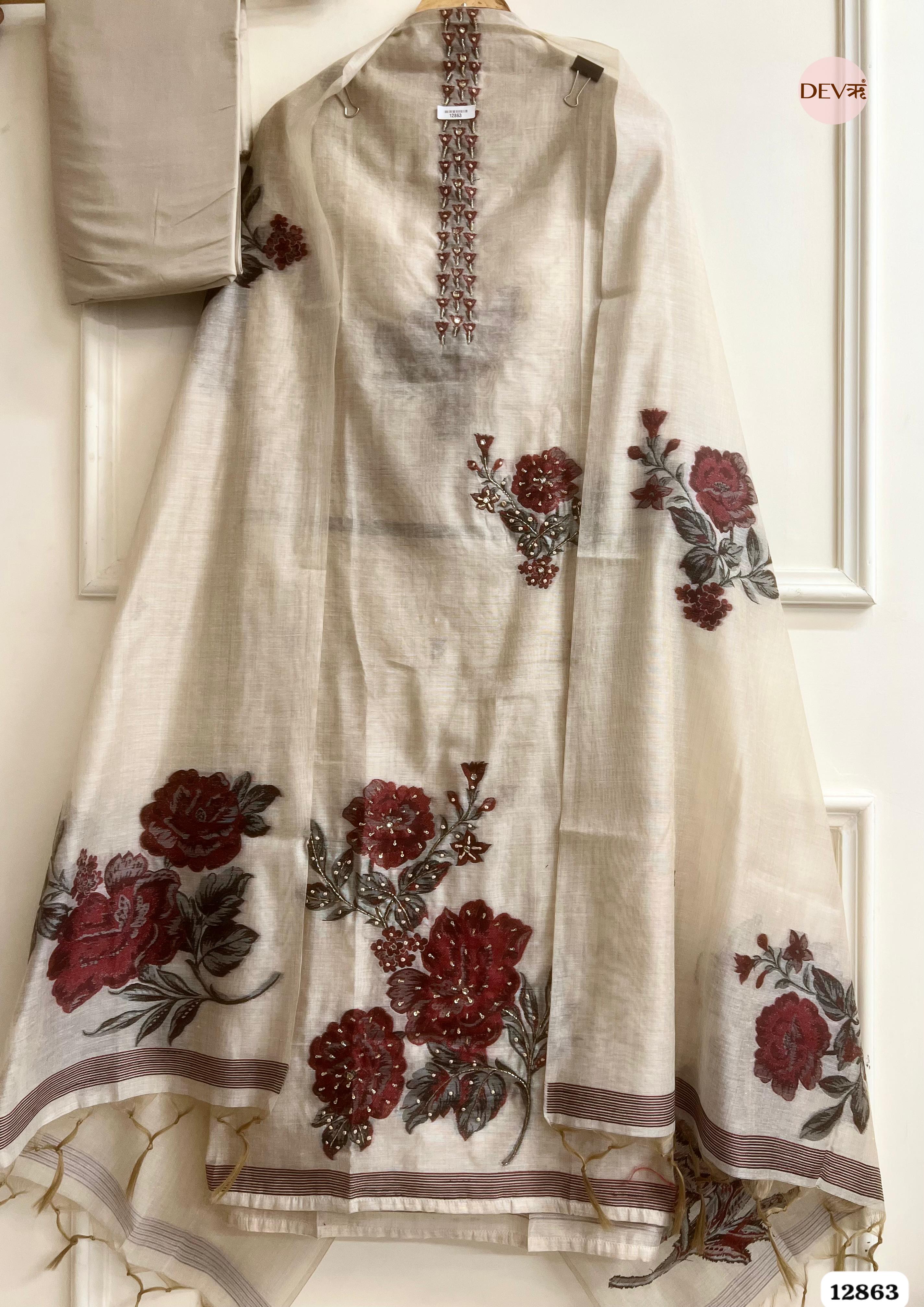 Pista Green Mul Chanderi Embroidered Unstitched 3-Piece Suit (Devri – D.No 12863)