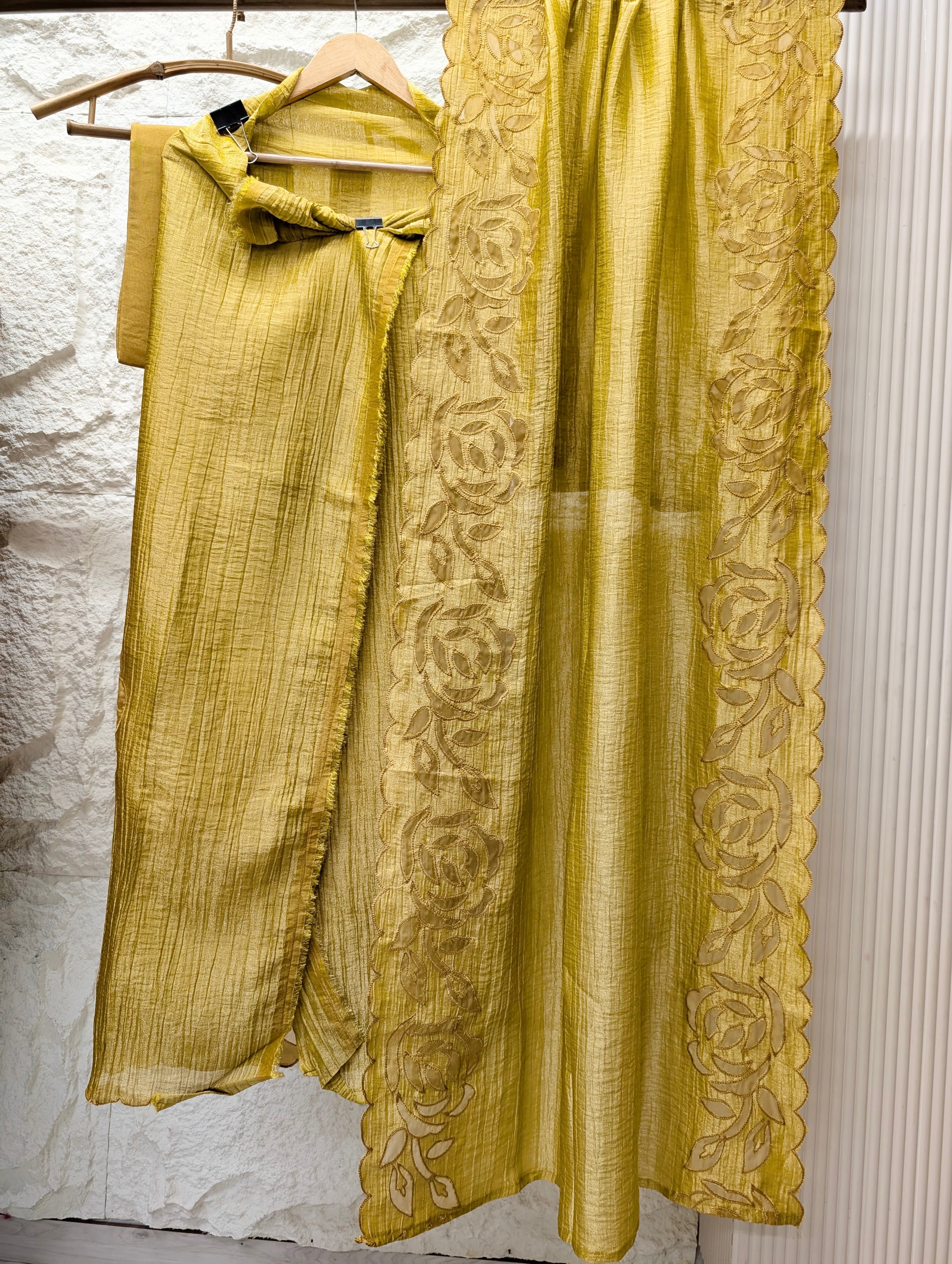 Mustard Tissue Crush Silk Embroidered Unstitched 3-Piece Suit (Devri – D.No 13743)