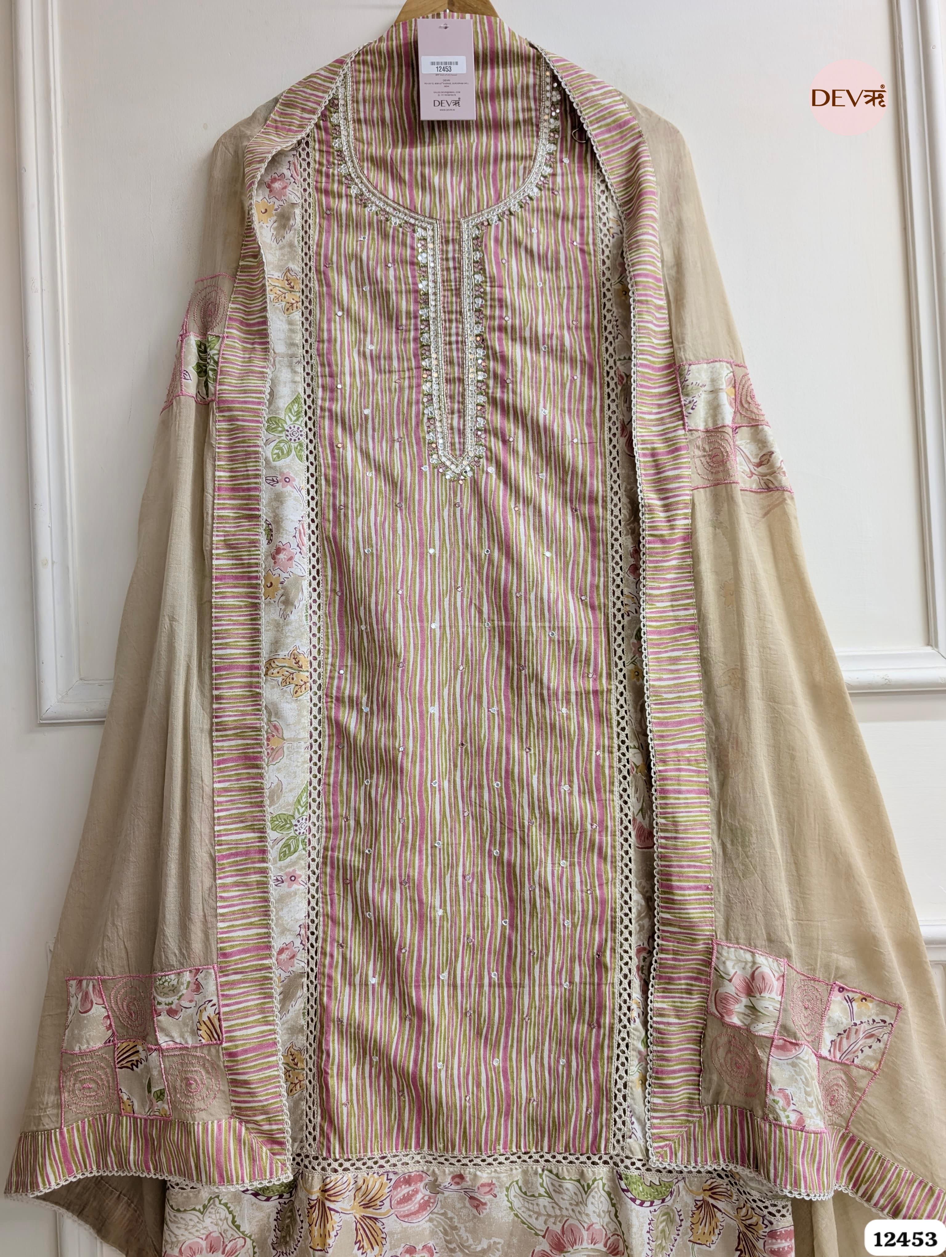 Beige and Pink Cotton Embroidered Unstitched 3-Piece Suit (Devri – D.No .12453)