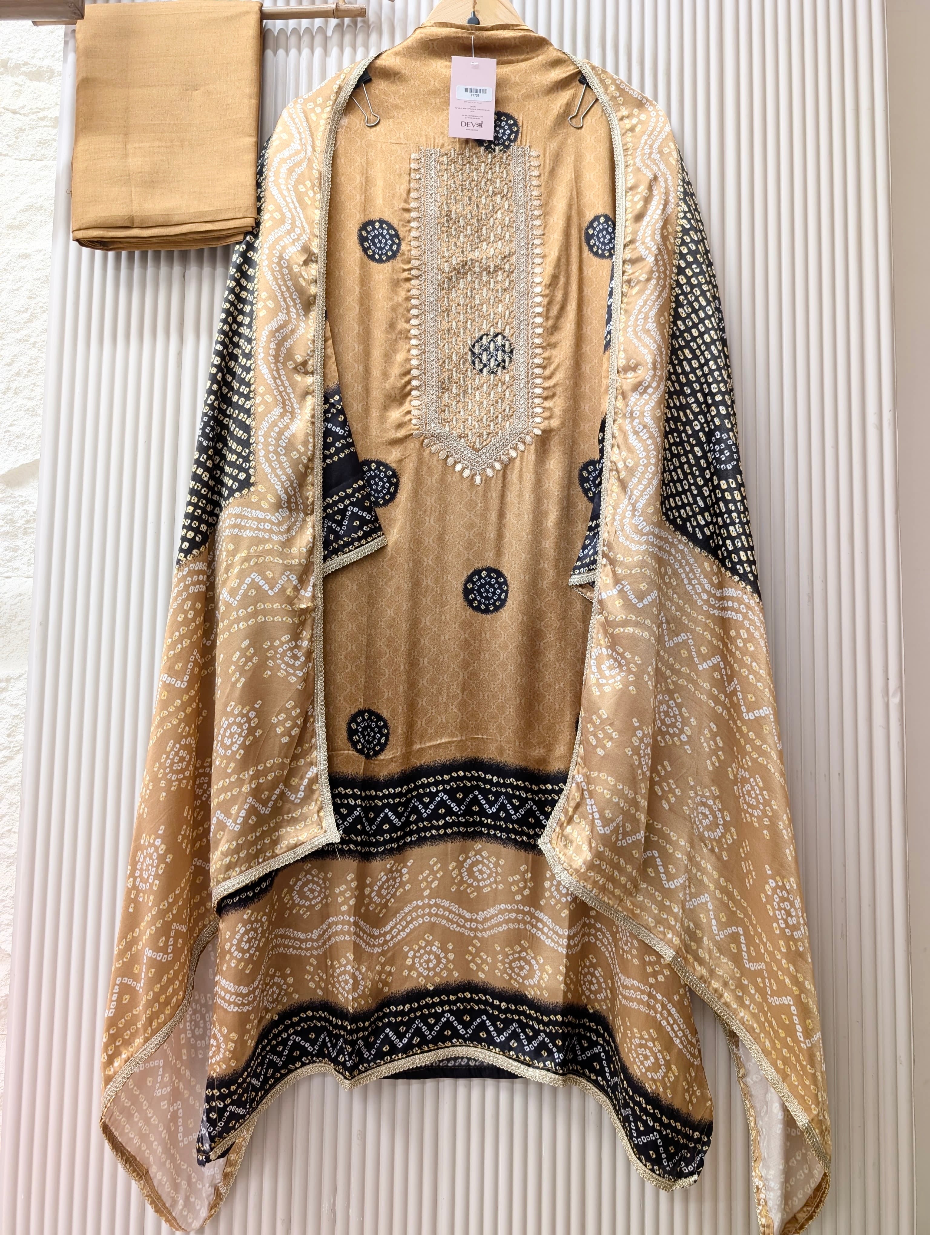 Beige Gajji Silk Printed Unstitched 3-Piece Suit (Devri – D.No 13725)