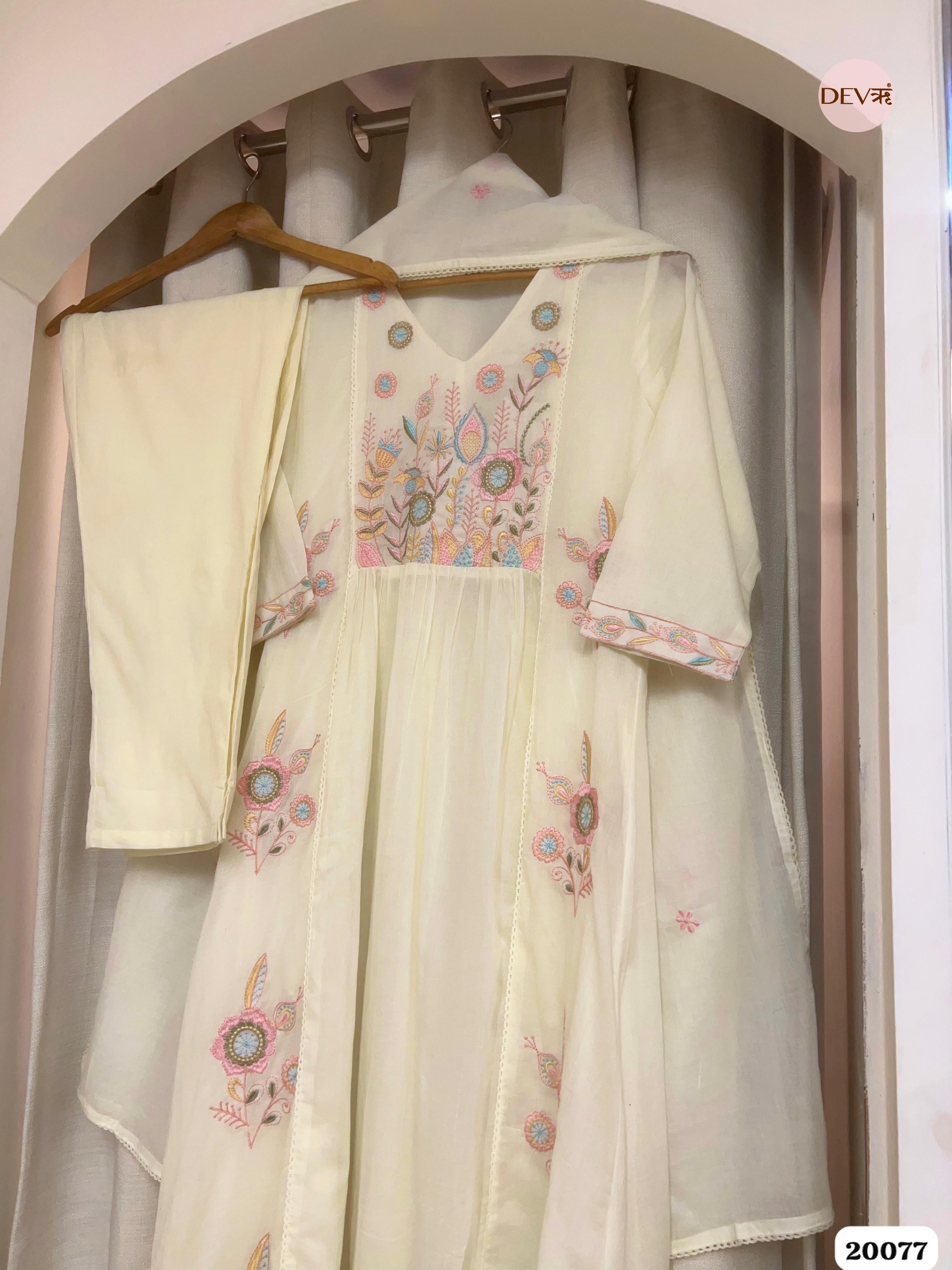 Inaya Cotton Embroidered Ivory& Rose 3-Piece Set (Devri – D.No 20077)
