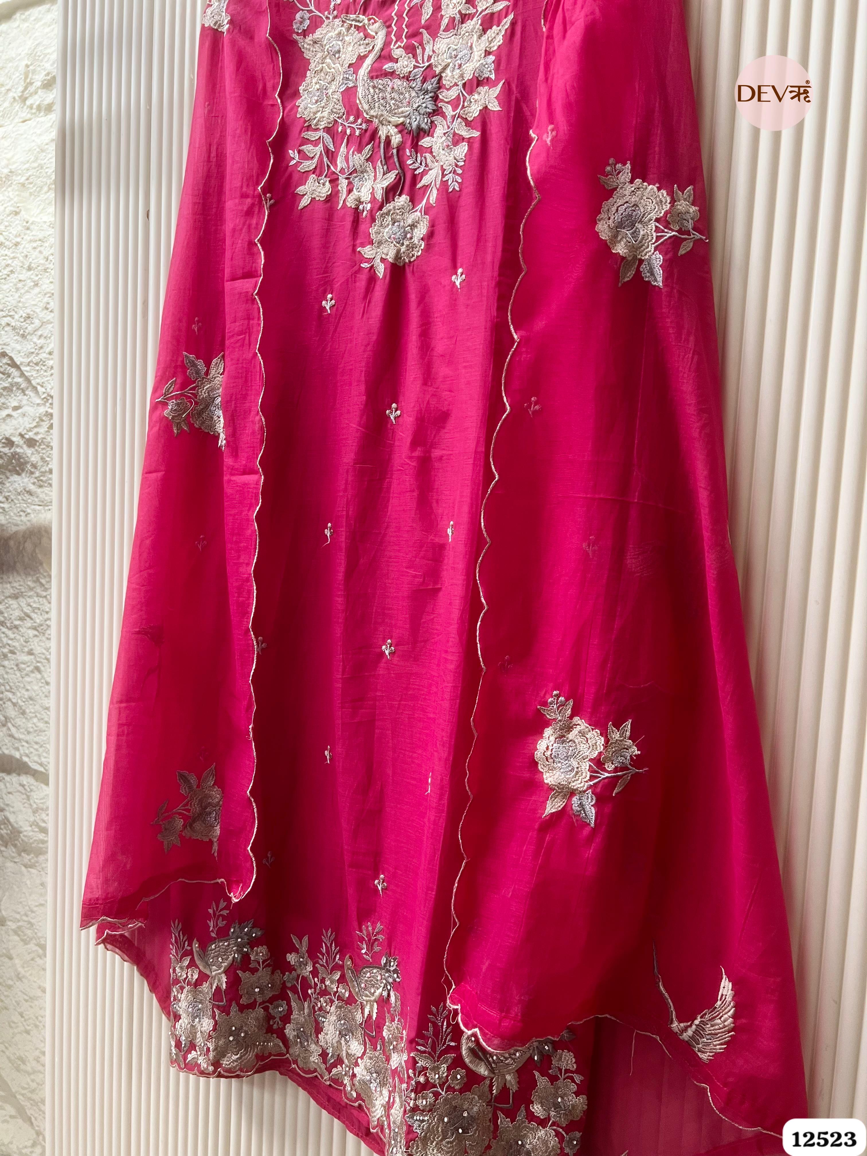 Deep Pink Pure Mul Chanderi Embroidered Unstitched 3-Piece Suit (Devri – D.No .12523)