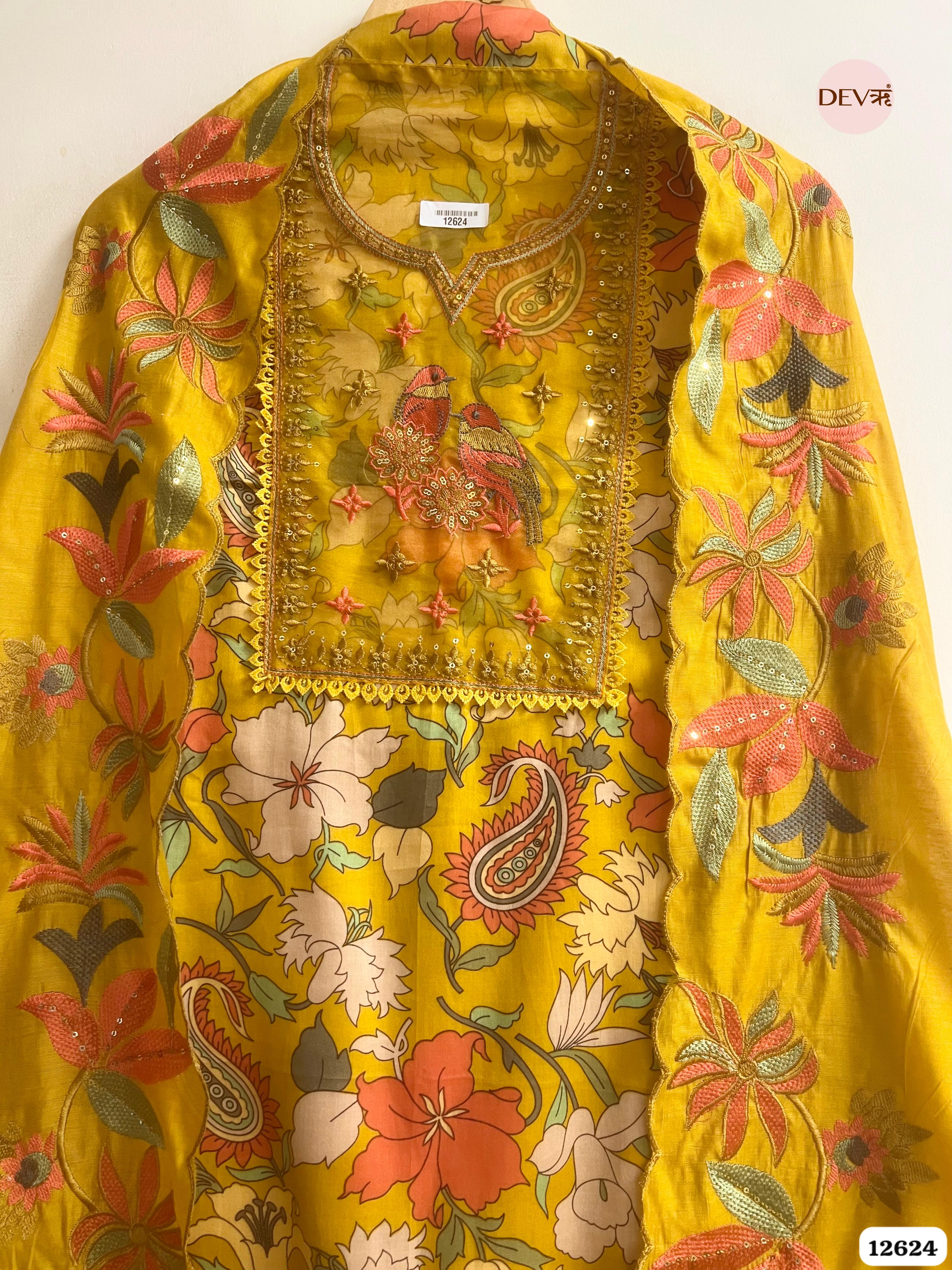 Mustard Jam Cotton Embroidered Unstitched 3-Piece Suit (Devri – D.No 12624)