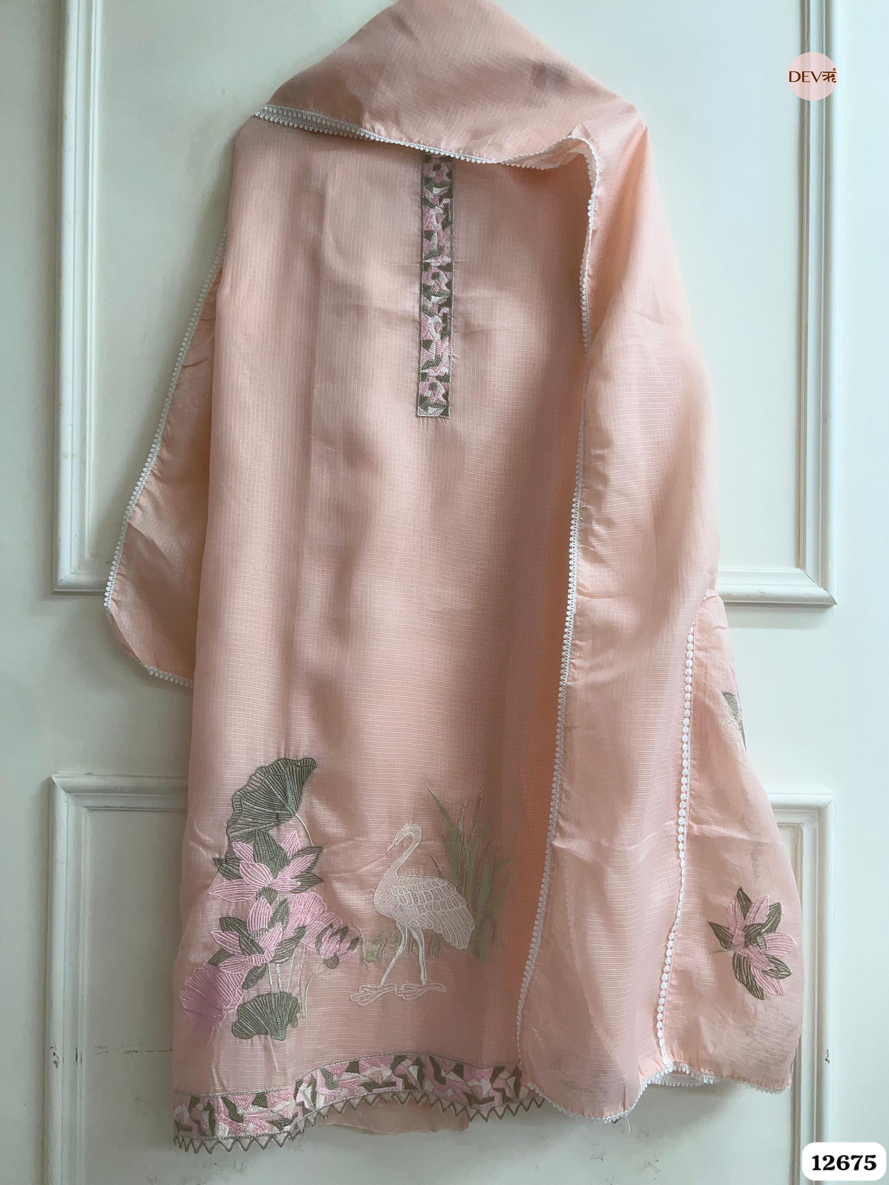 Peach Kota Embroidered Unstitched 3-Piece Suit (Devri – D.No 12675)