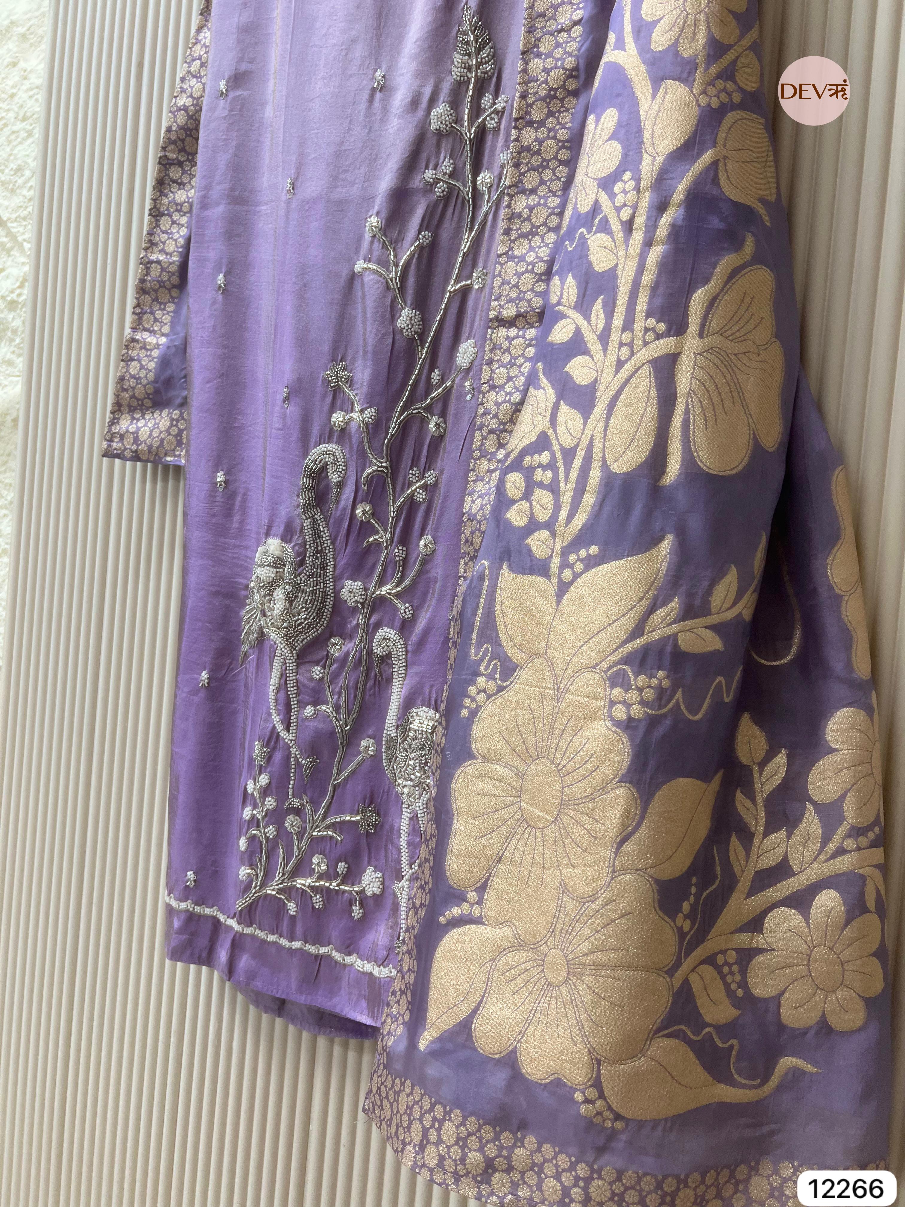 Lavender Tissue Shimmer Silk Embroidered Unstitched 3-Piece Suit (Devri – D.No 12266)