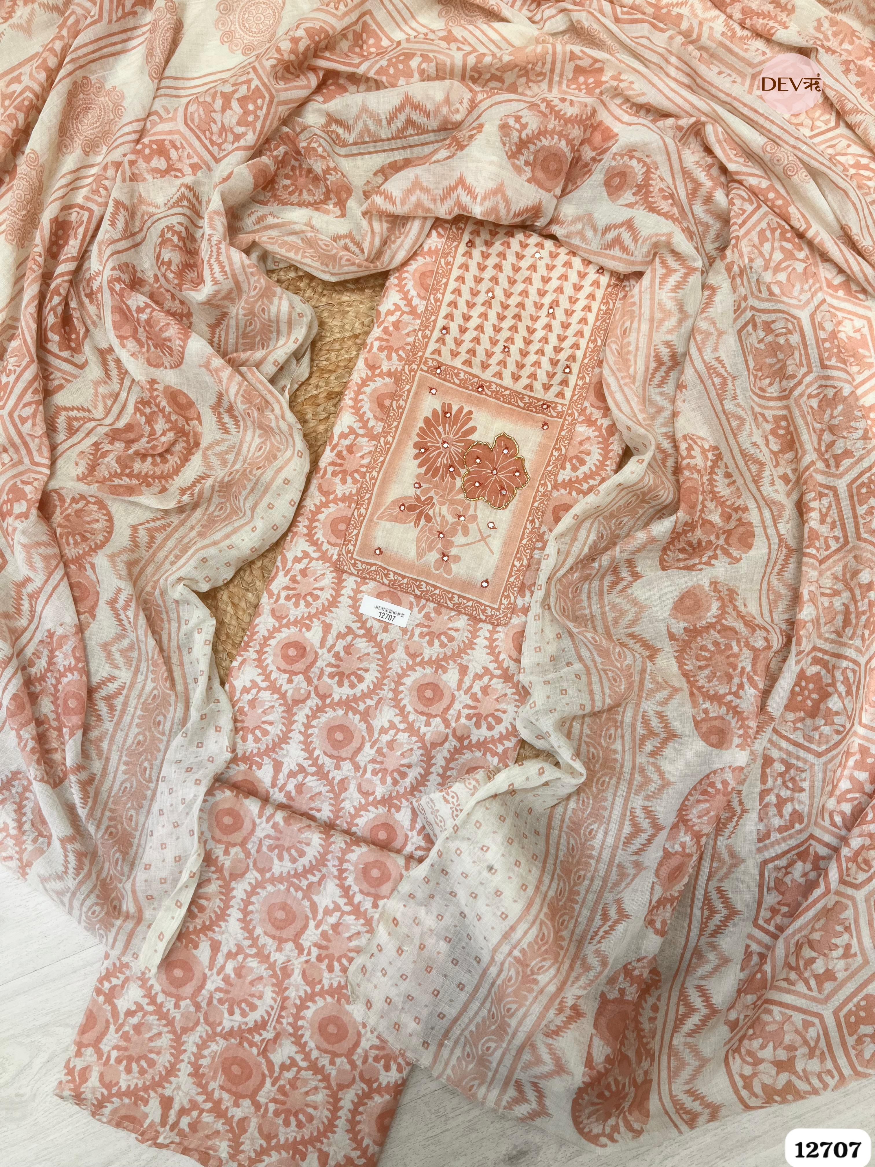 Peach Cotton Printed Unstitched 3-Piece Suit (Devri – D.No 12707)