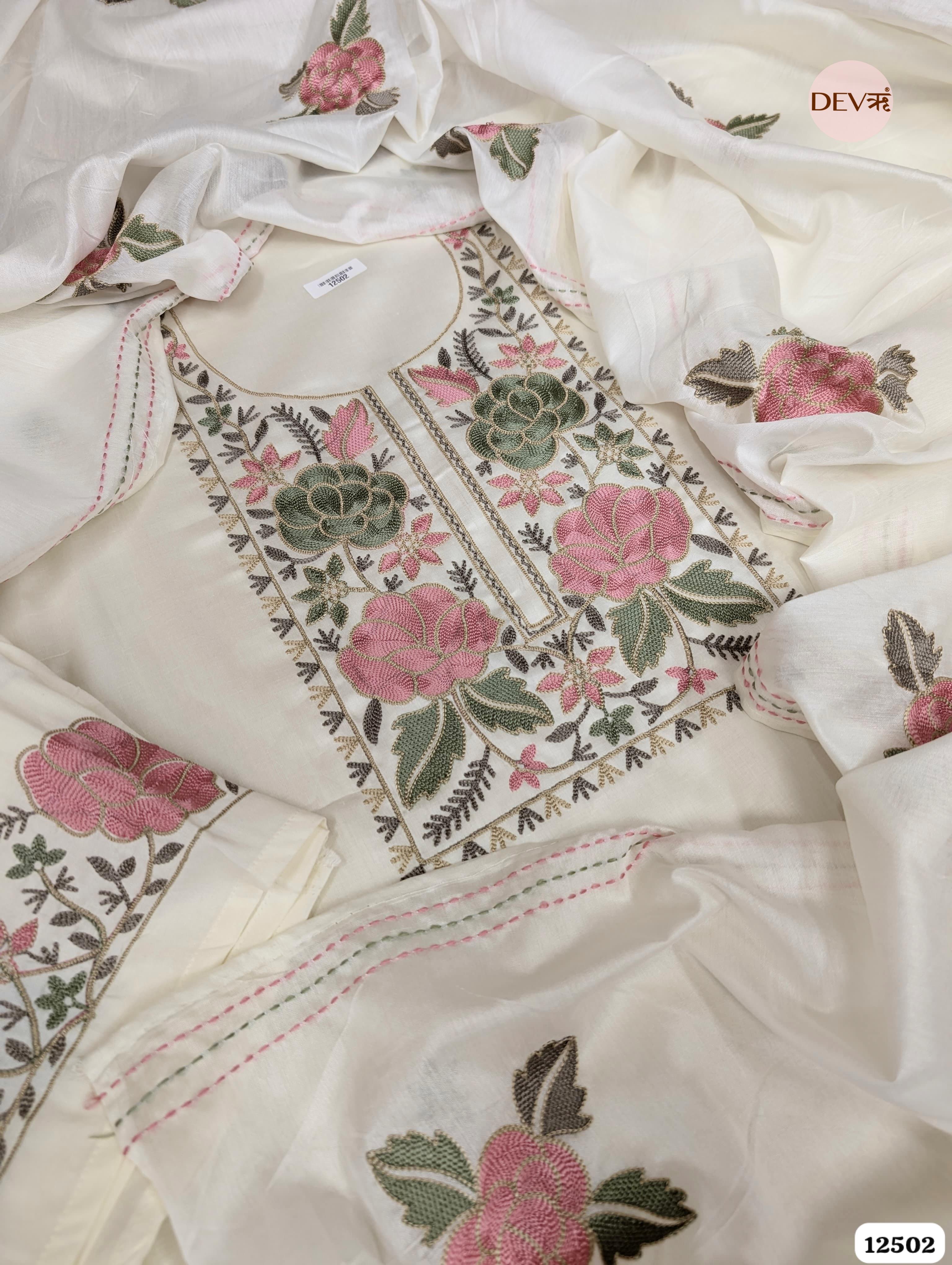 Off-White Cotton Embroidered Unstitched 3-Piece Suit (Devri – D.No. 12502)