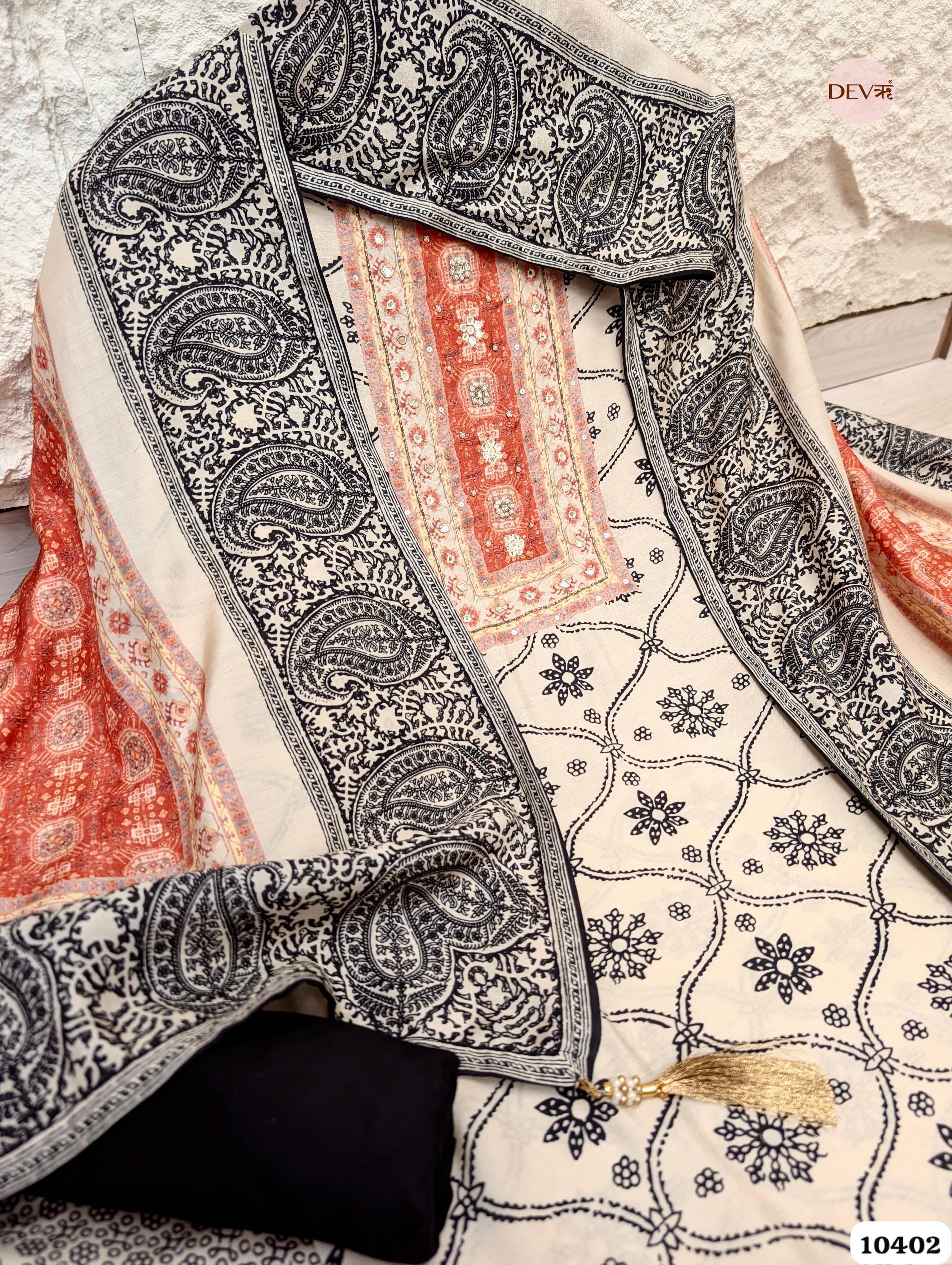 Beige Muslin Printed Unstitched 3-Piece Suit (Devri – D.No. 12402)