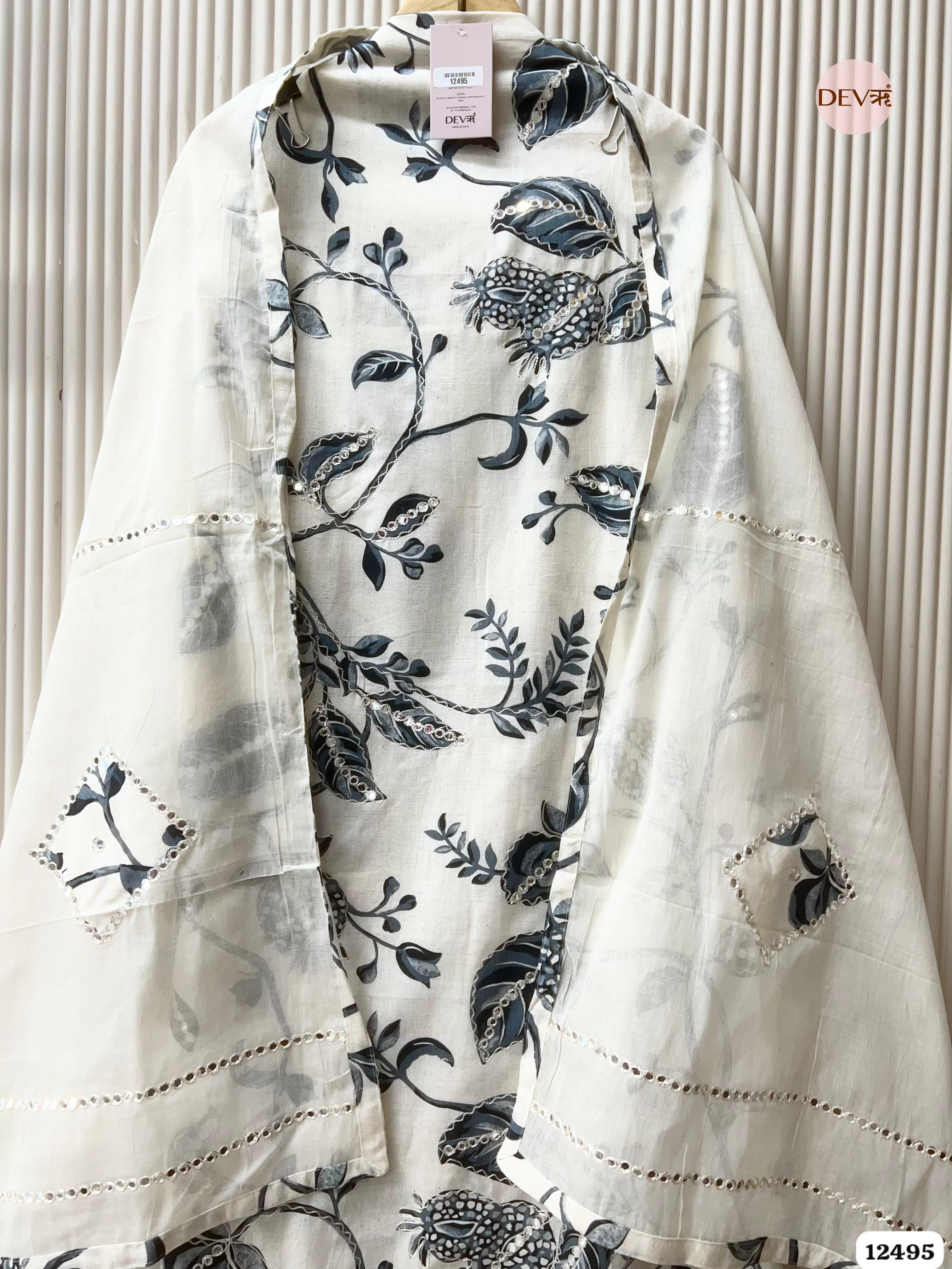 Ivory & Slate Blue Pure Cotton Printed Unstitched 3-Piece Suit (Devri – D.No. 12495)