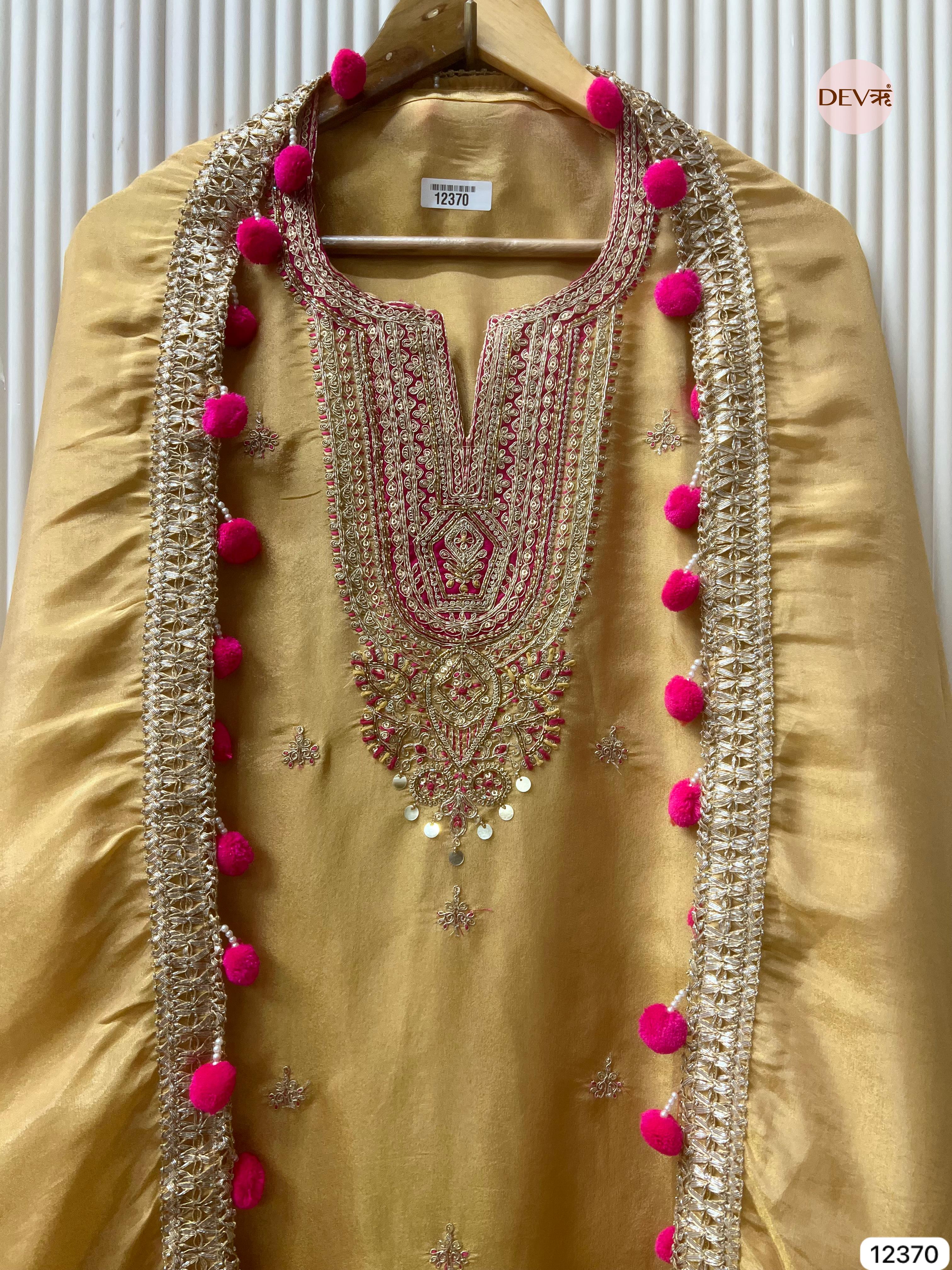 Golden Beige Shimmer Silk Embellished Unstitched 3-Piece Suit (Devri – D.No 12370)