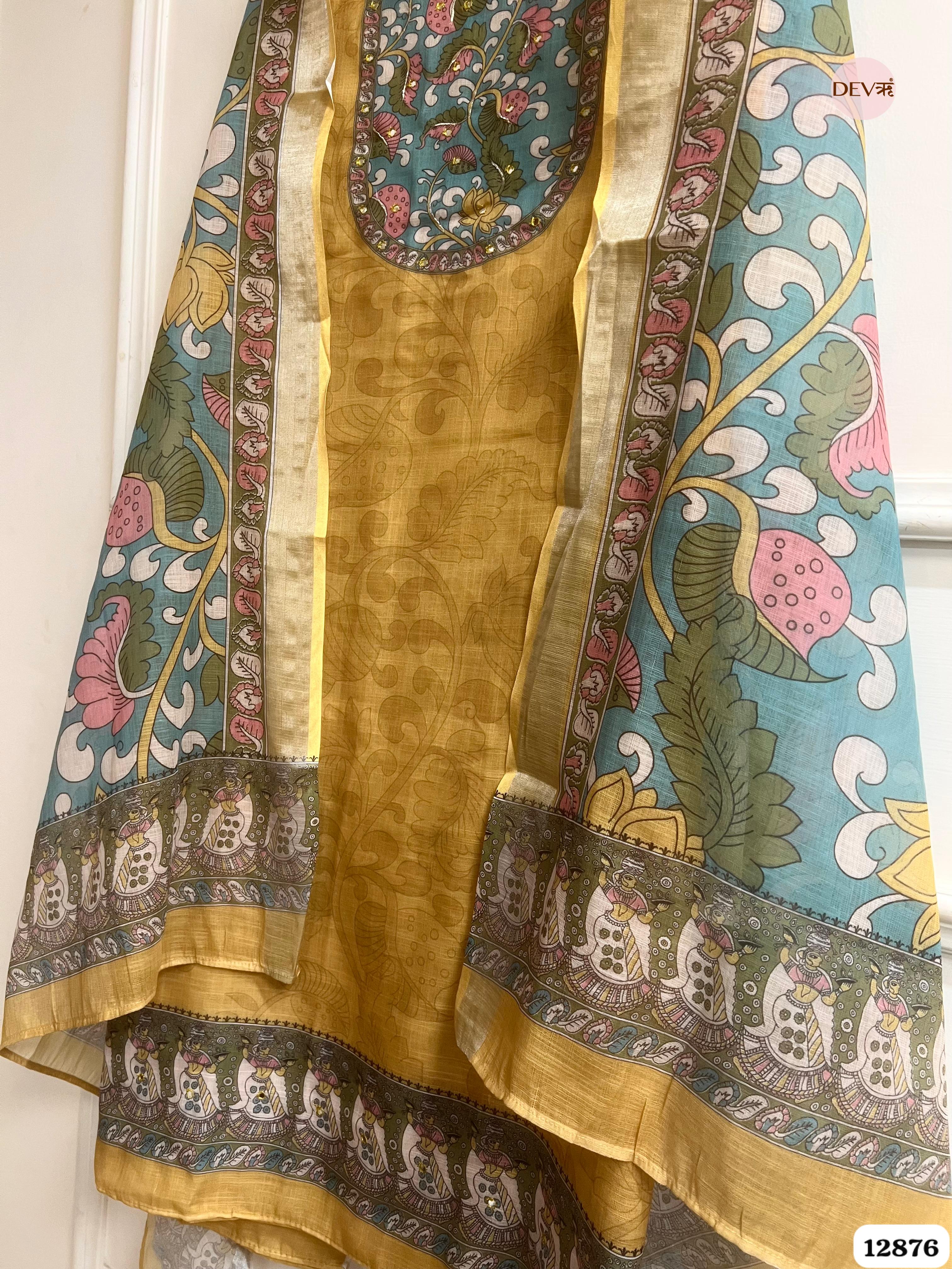 Mustard Yellow Linen Cotton Printed Unstitched 3-Piece Suit (Devri – D.No 12876)