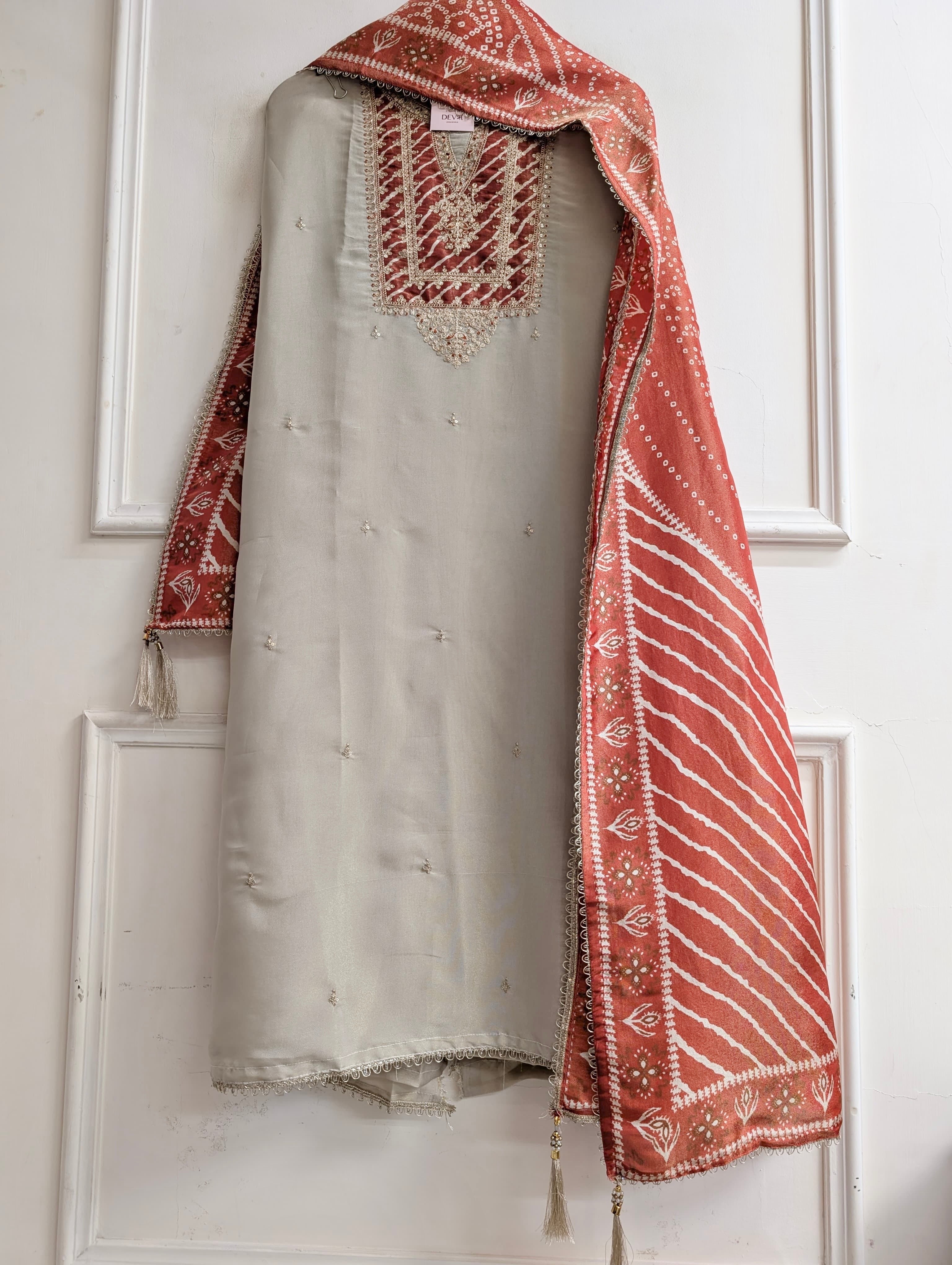 Beige Tissue Silk Embroidered Unstitched 3-Piece Suit (Devri – D.No 13720)