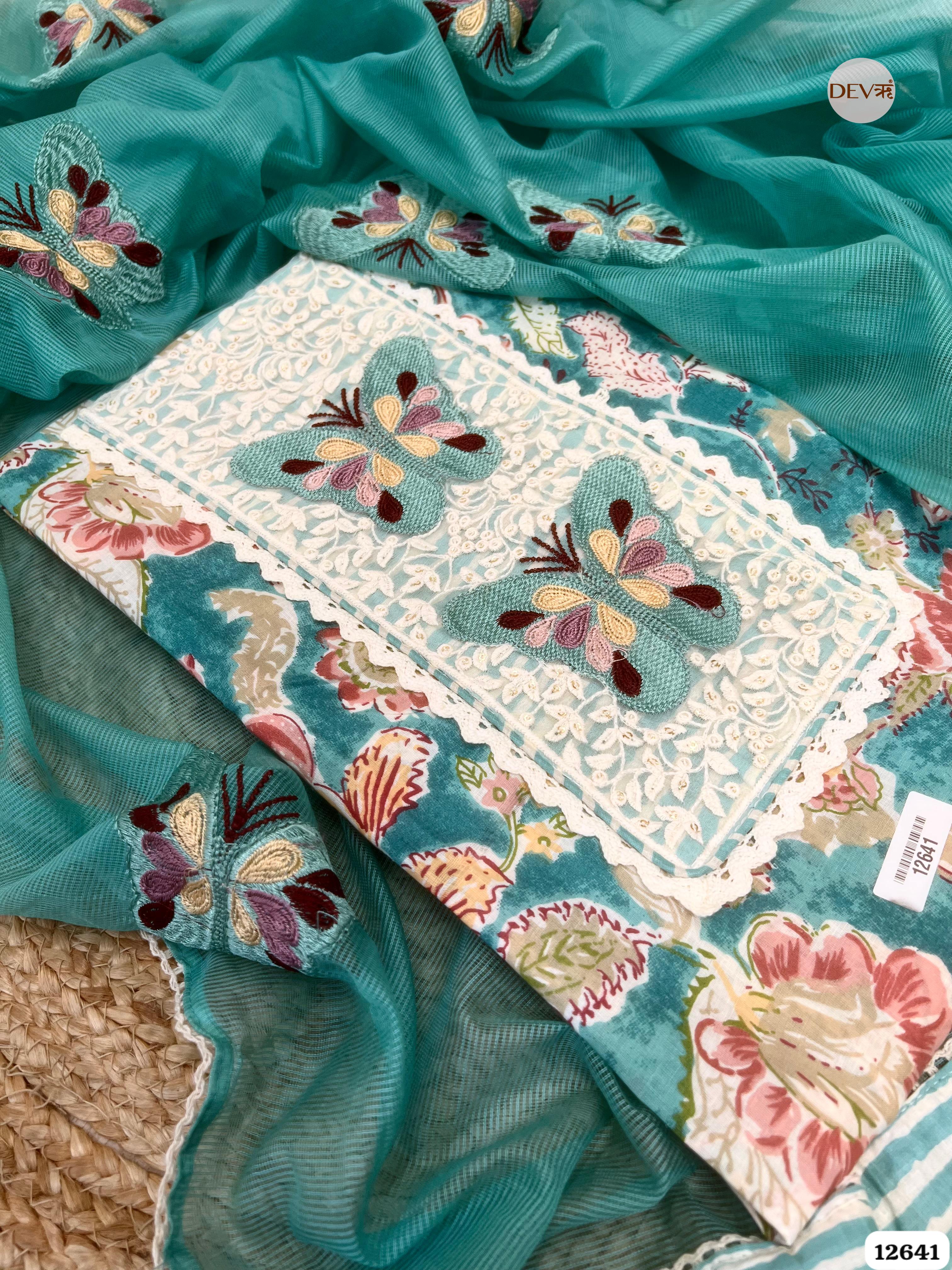 Teal Blue Floral Cotton Unstitched 3-Piece Suit with Net Dupatta (Devri – D.No 12641)