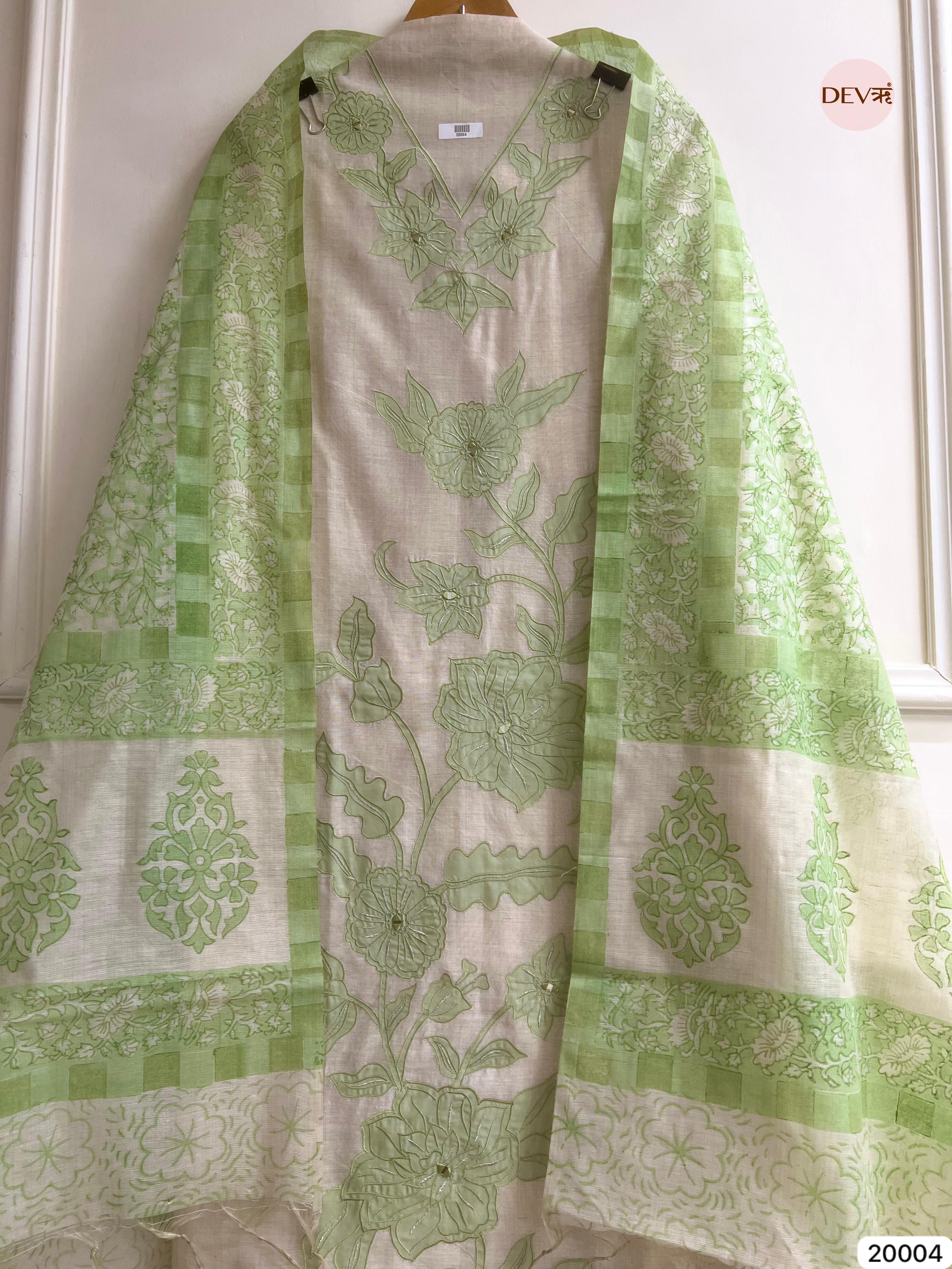Green Pure Linen Cotton Embroidered Unstitched 3-Piece Suit (Devri – D.No 20004)