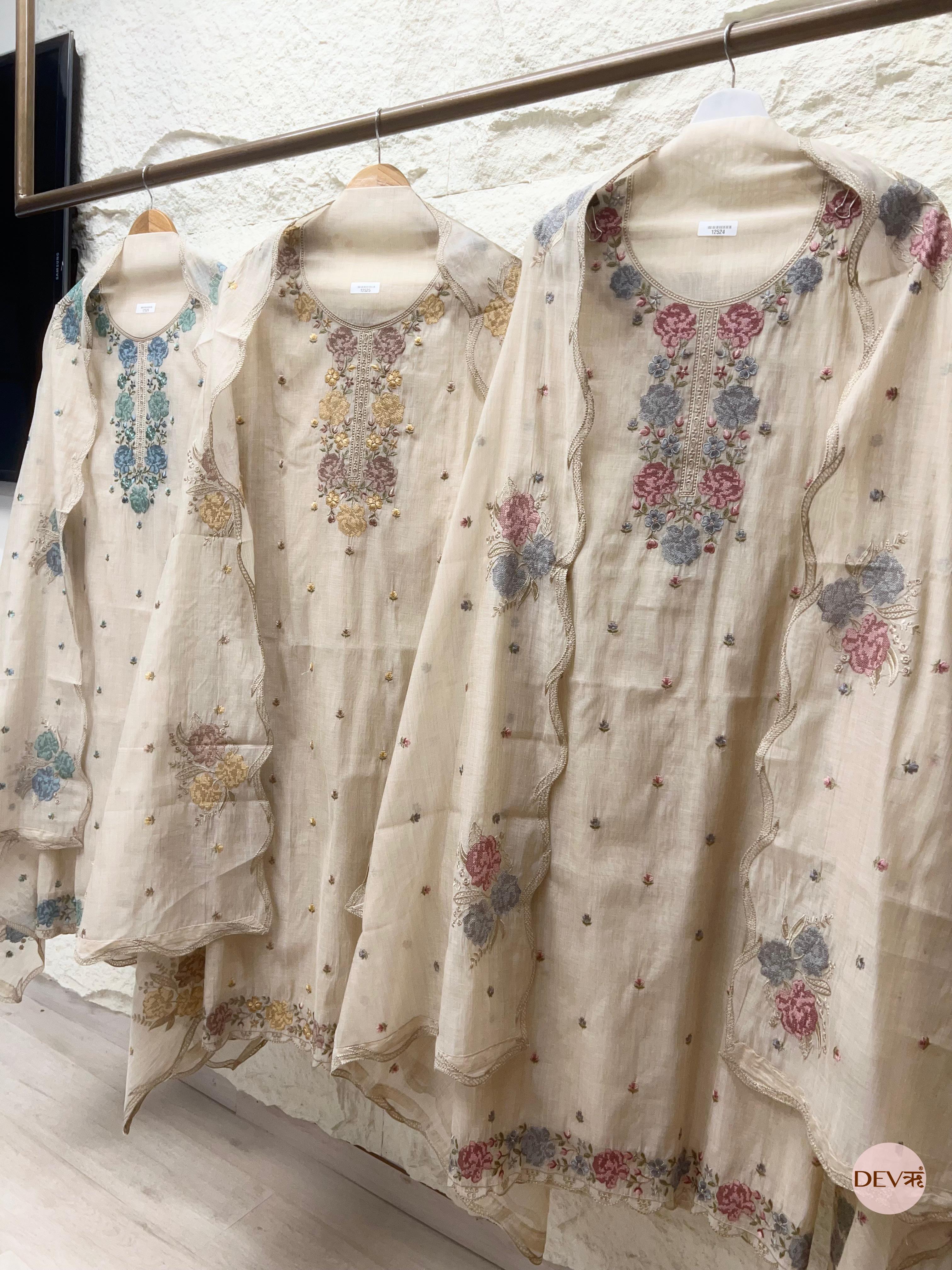 baige Mul Chanderi Embroidered Unstitched 3-Piece Suit (Devri – D.No. 12524)