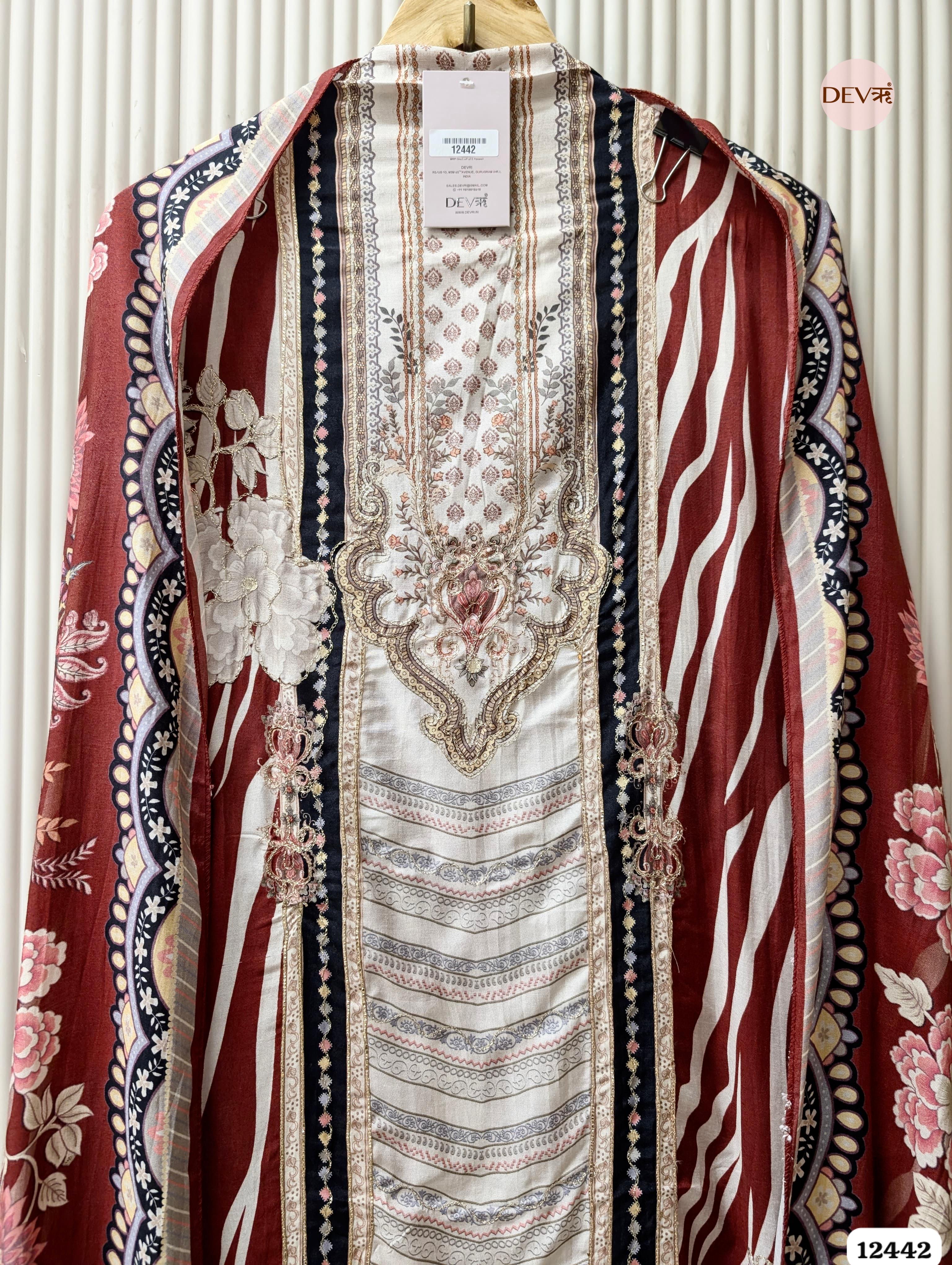 Maroon Muslin Digital Printed Unstitched 3-Piece Suit (Devri – D.No 12442)
