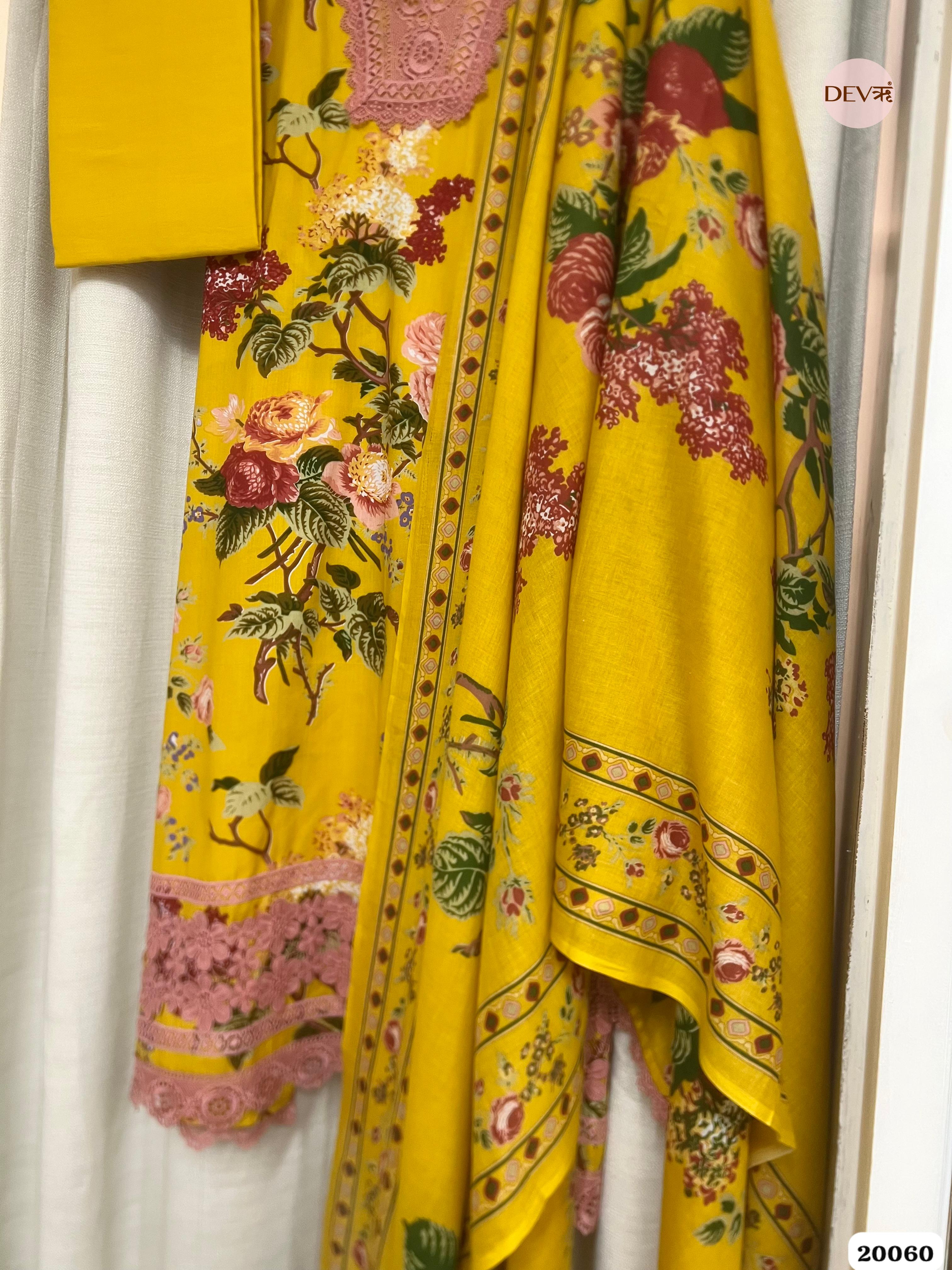 Mustard Yellow Cotton Printed Unstitched 3-Piece Suit (Devri – D.No. 20060)